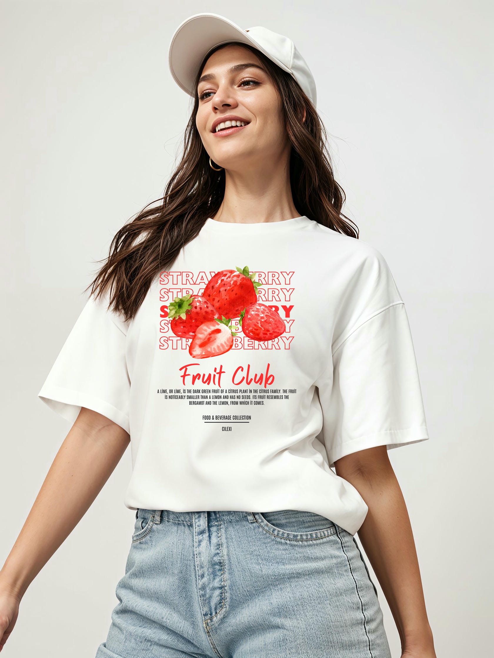 Strawberry Ön Baskılı Oversize t-shirt Erkek Kadın Pamuk Bisiklet Yaka tişort