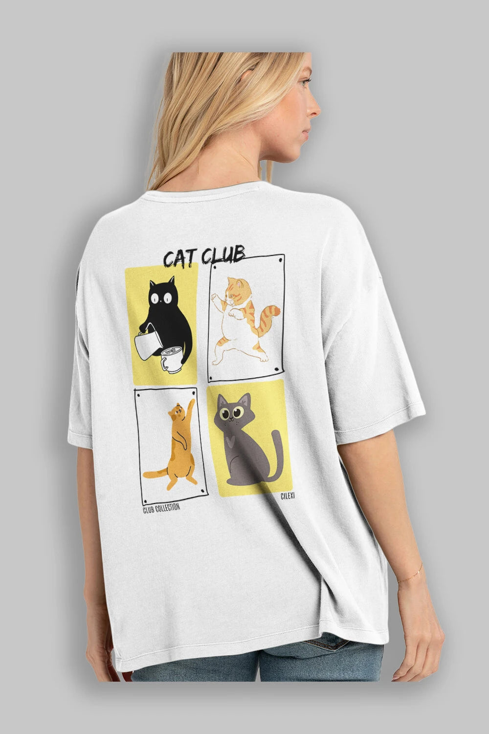 Cat Club Arka Baskılı Oversize t-shirt Erkek Kadın %100 Pamuk Bisiklet Yaka tişort