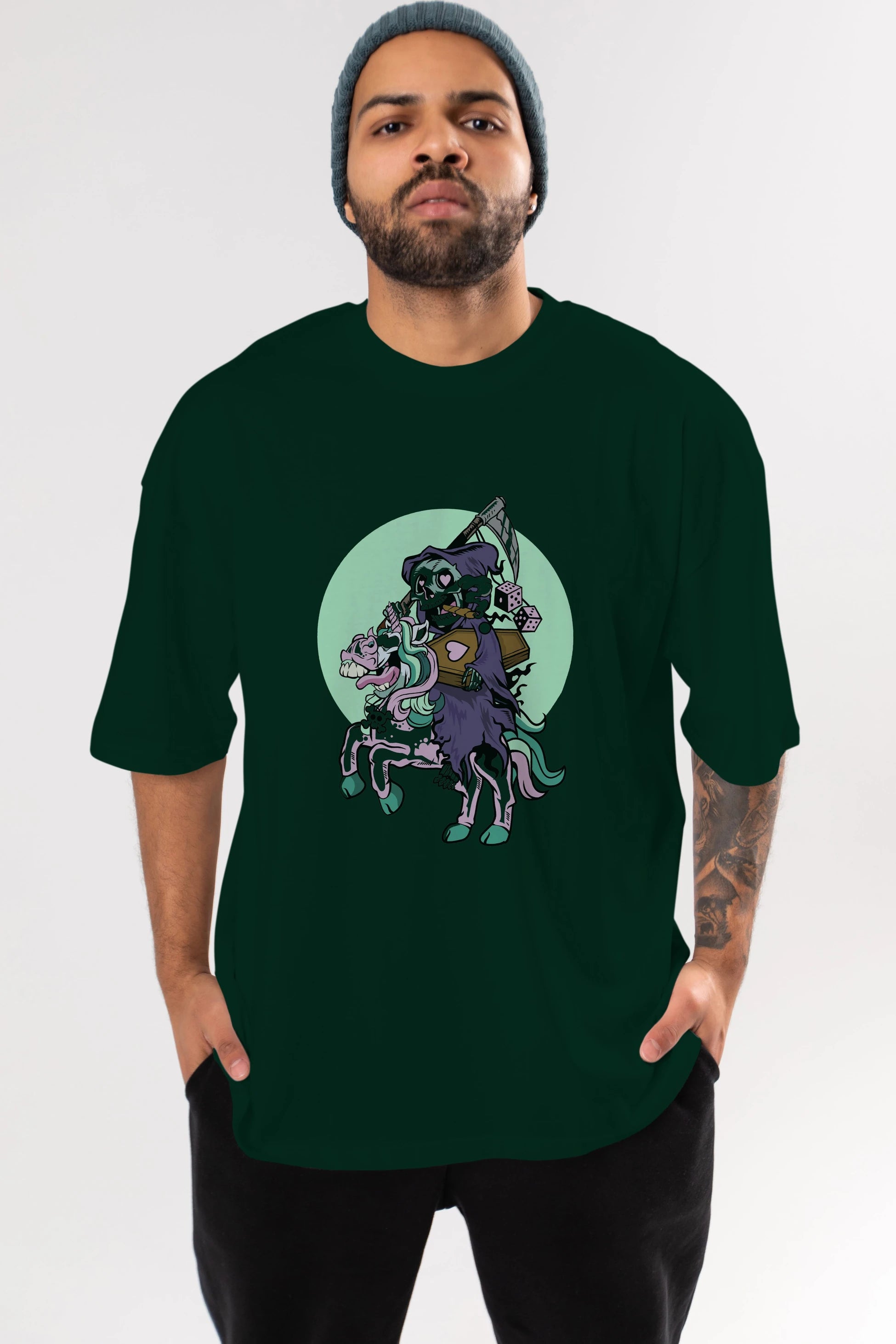 Grim Reaper Riding Unicorn Ön Baskılı Oversize t-shirt Erkek Kadın Unisex %100 Pamuk tişort