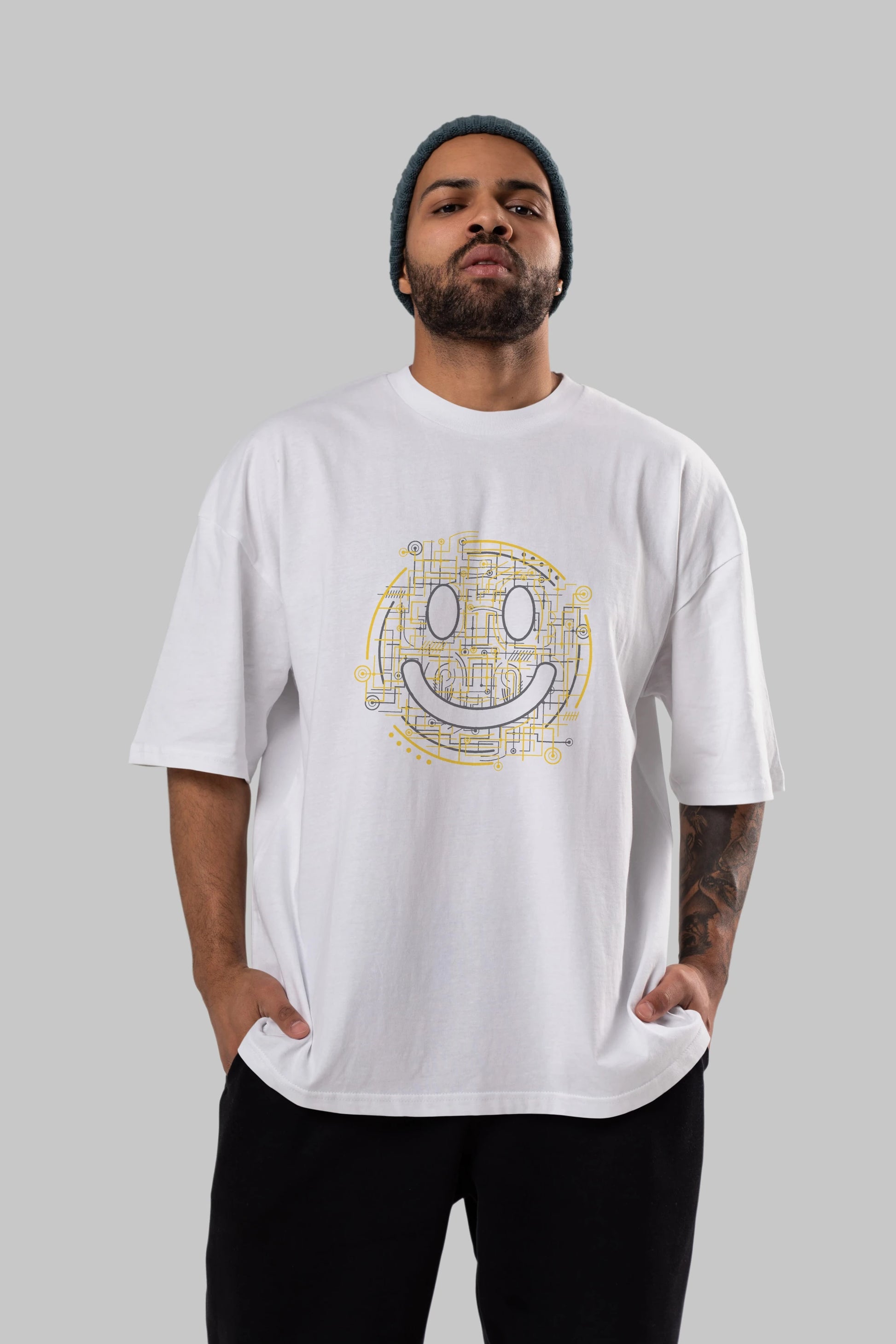 Electric Smiley Ön Baskılı Oversize t-shirt %100 pamuk Erkek Kadın Unisex
