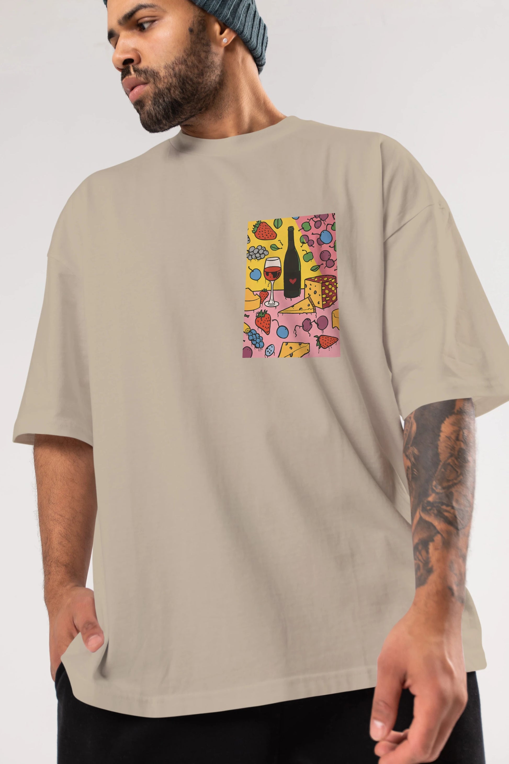 Wine Cheese Fruits Ön Sol Baskılı Oversize t-shirt Erkek Kadın Unisex %100 Pamuk Bisiklet Yaka tişort