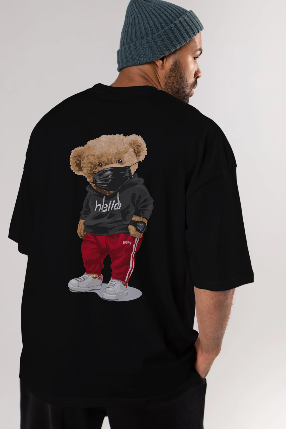 Teddy Bear Hello Sport Arka Baskılı Oversize t-shirt Erkek Kadın Unisex %100 Pamuk