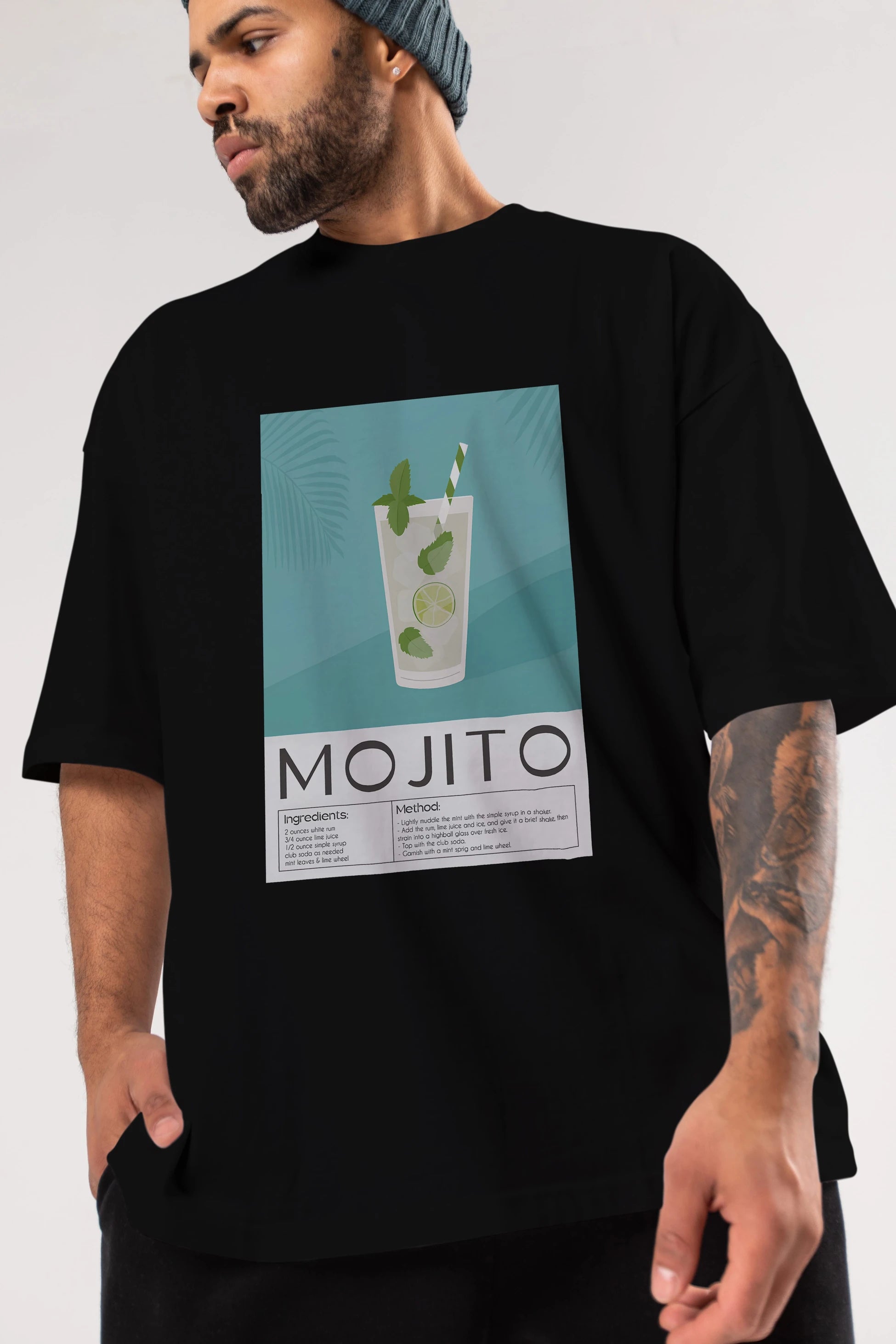 Mojito 4 Ön Baskılı Oversize t-shirt Erkek Kadın Unisex %100 Pamuk Bisiklet Yaka tişort