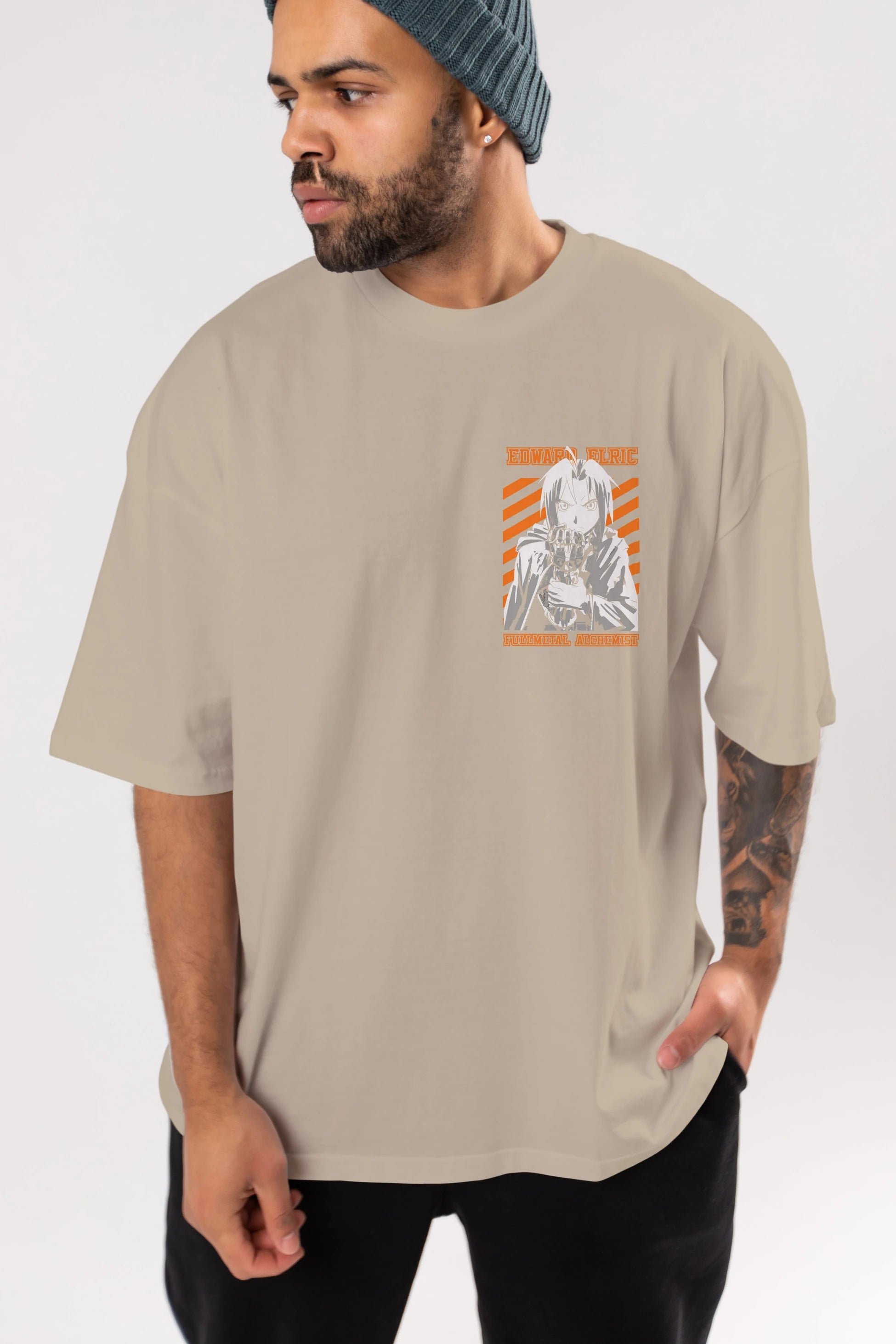 EDWARD ELRIC Ön Sol Baskılı Oversize t-shirt Erkek Kadın Unisex %100 Pamuk Bisiklet Yaka tişort