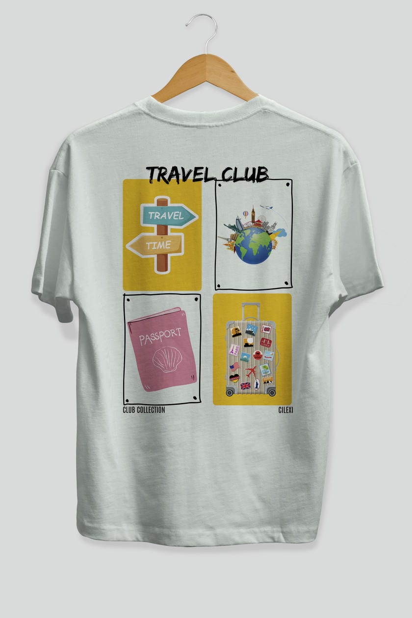 Travel Club Arka Baskılı Oversize t-shirt Erkek Kadın %100 Pamuk Bisiklet Yaka tişort