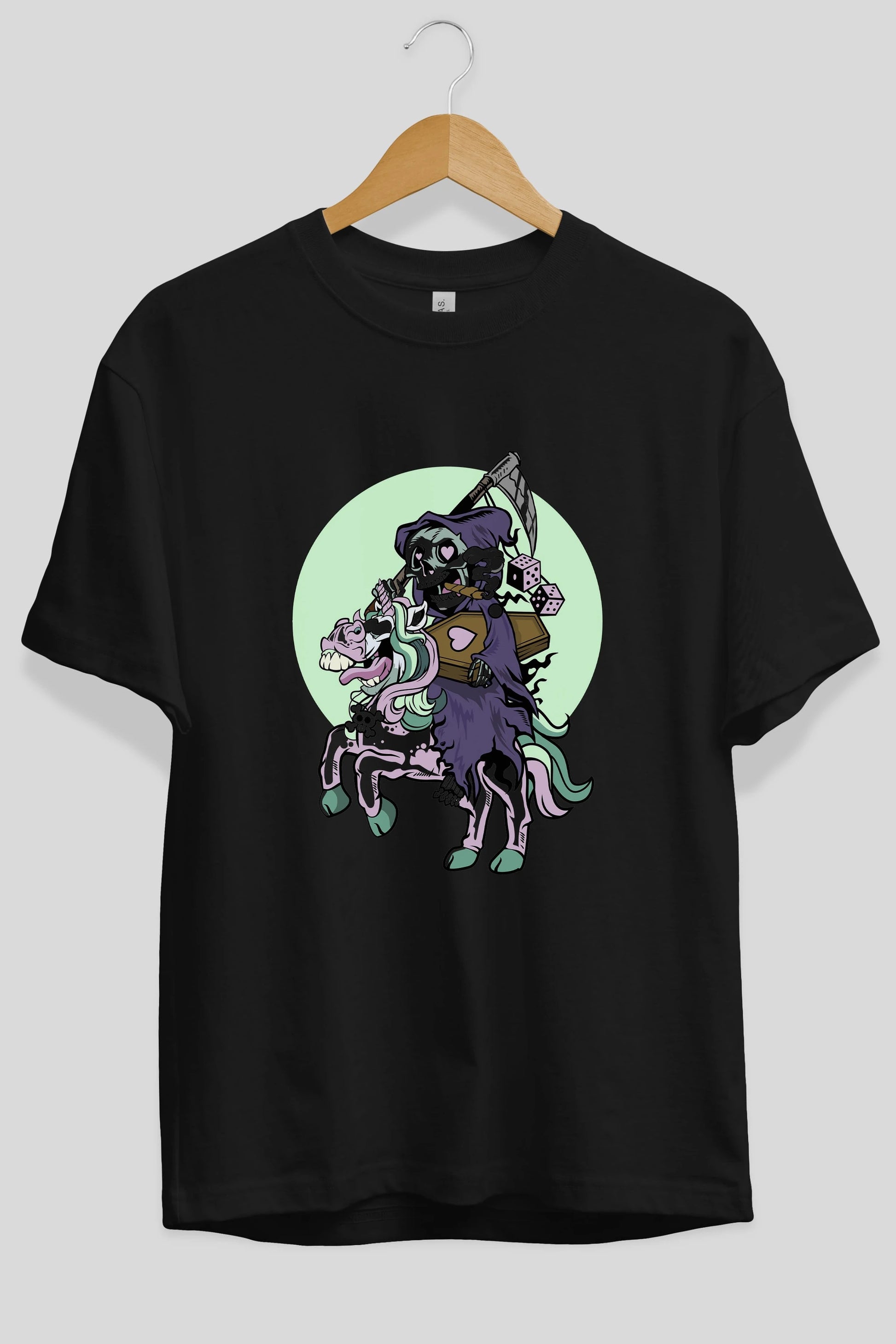 Grim Reaper Riding Unicorn Ön Baskılı Oversize t-shirt Erkek Kadın Unisex %100 Pamuk tişort