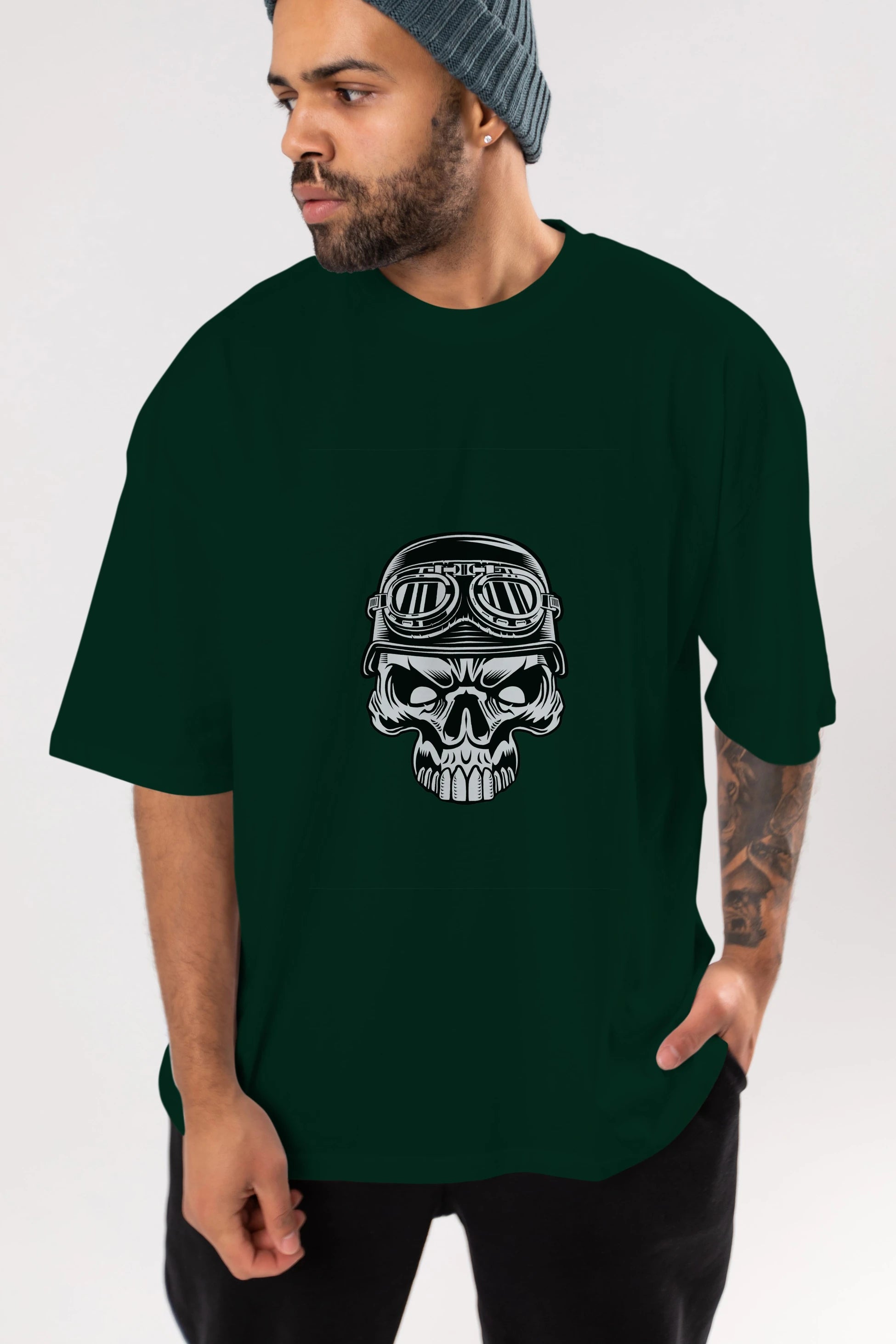 Biker Skull Helmet Ön Baskılı Oversize t-shirt Erkek Kadın Unisex %100 Pamuk tişort