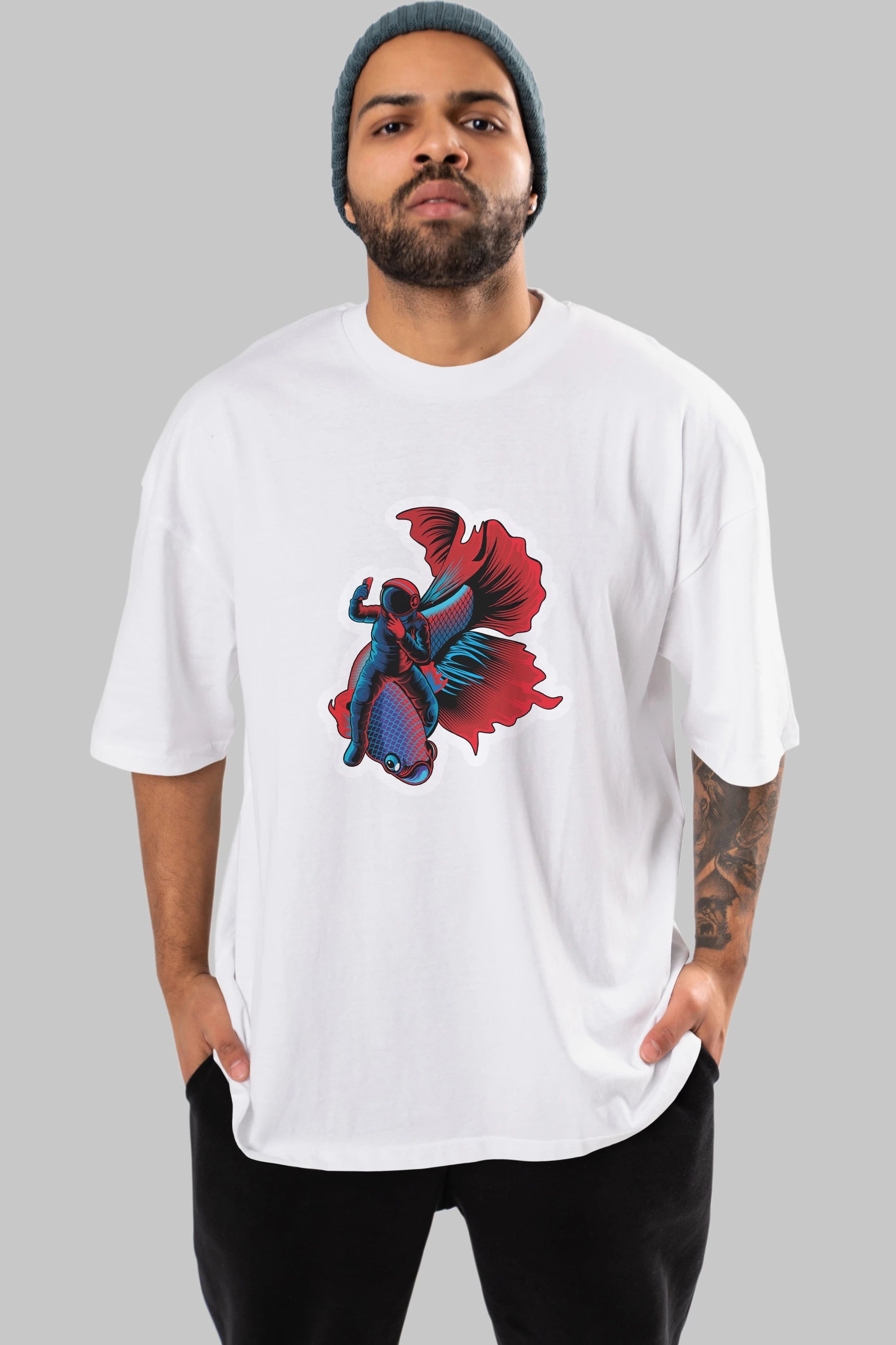 Astrofish selfie sticker Ön Baskılı Oversize t-shirt Erkek Kadın Unisex
