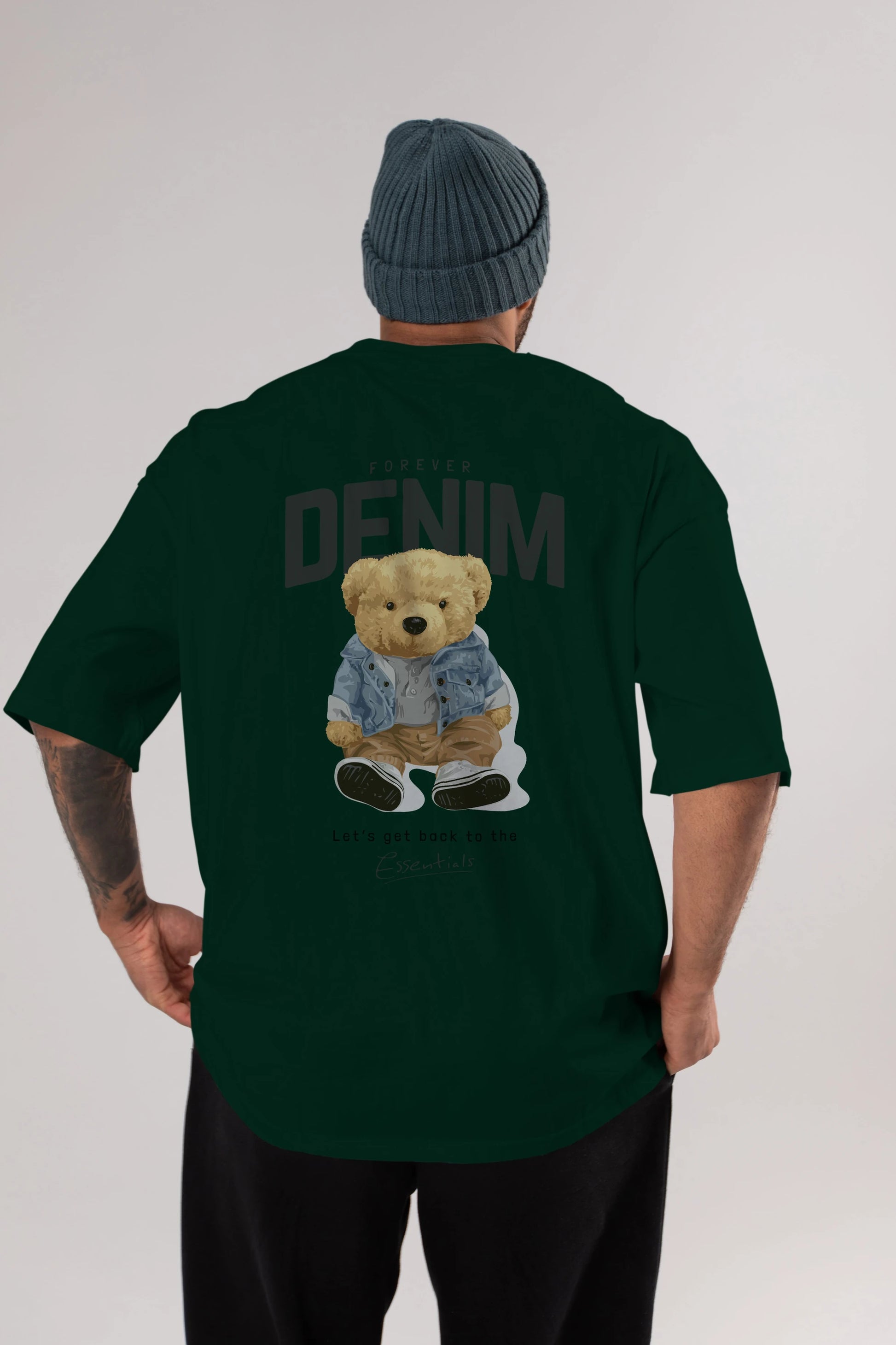 Teddy Bear Forever Denim Arka Baskılı Oversize t-shirt Erkek Kadın Unisex %100 Pamuk