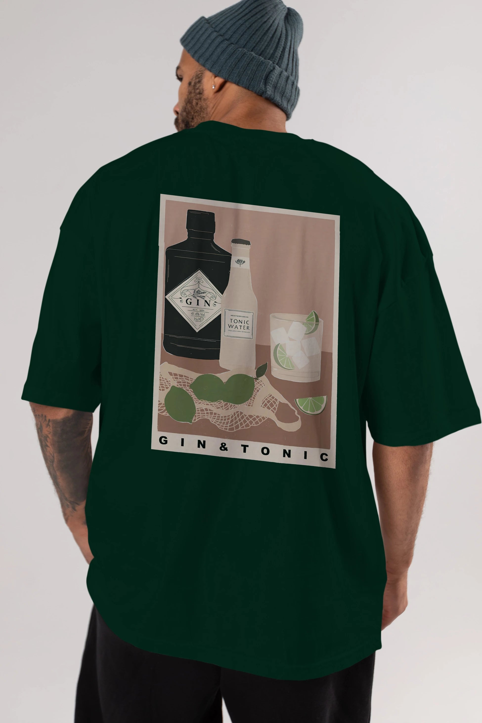 Gin Tonic Arka Baskılı Oversize t-shirt Erkek Kadın Unisex %100 Pamuk Bisiklet Yaka tişort
