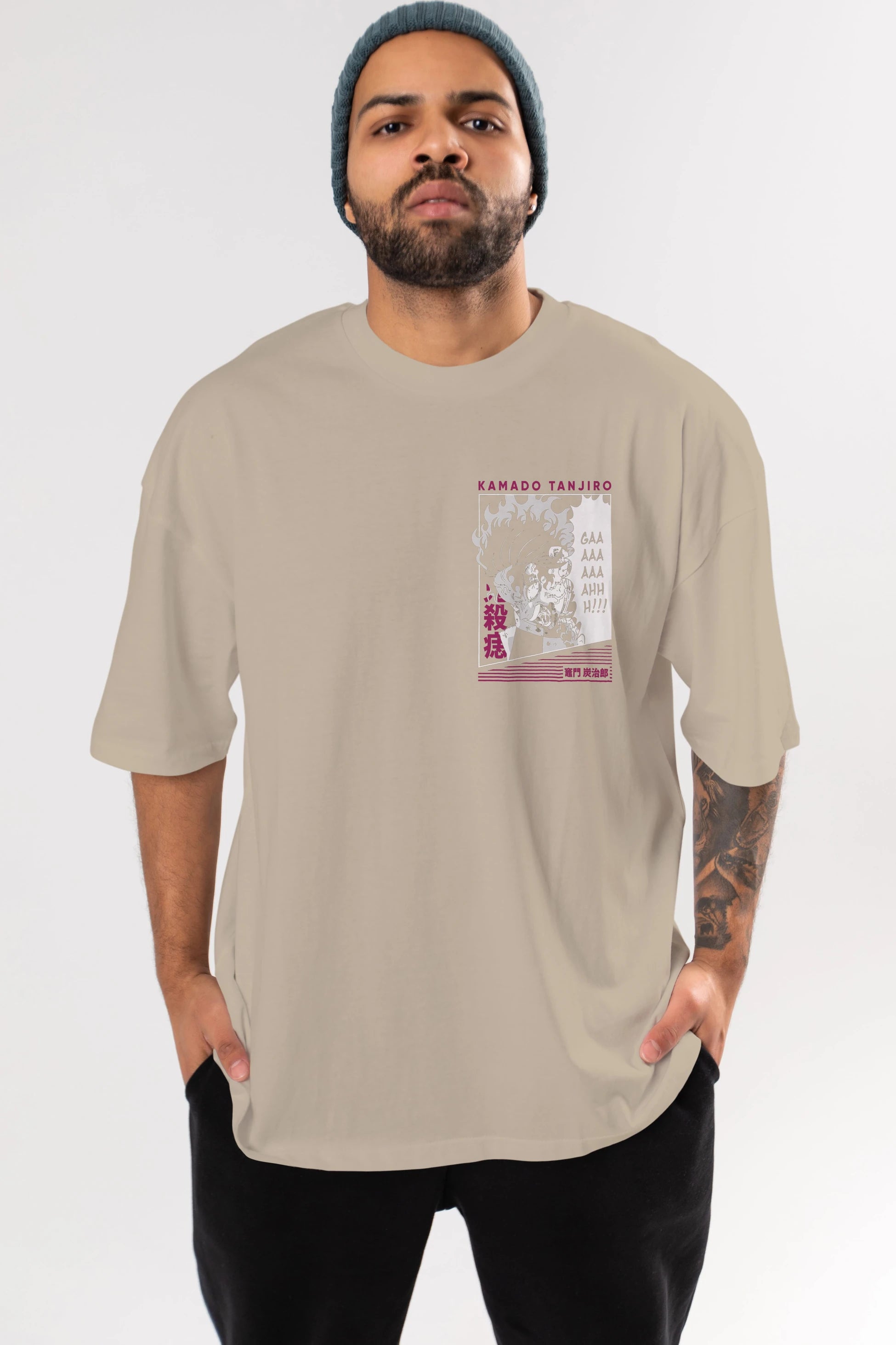 TANJIRO KAMADO 3 Ön Sol Baskılı Oversize t-shirt Erkek Kadın Unisex %100 Pamuk Bisiklet Yaka tişort