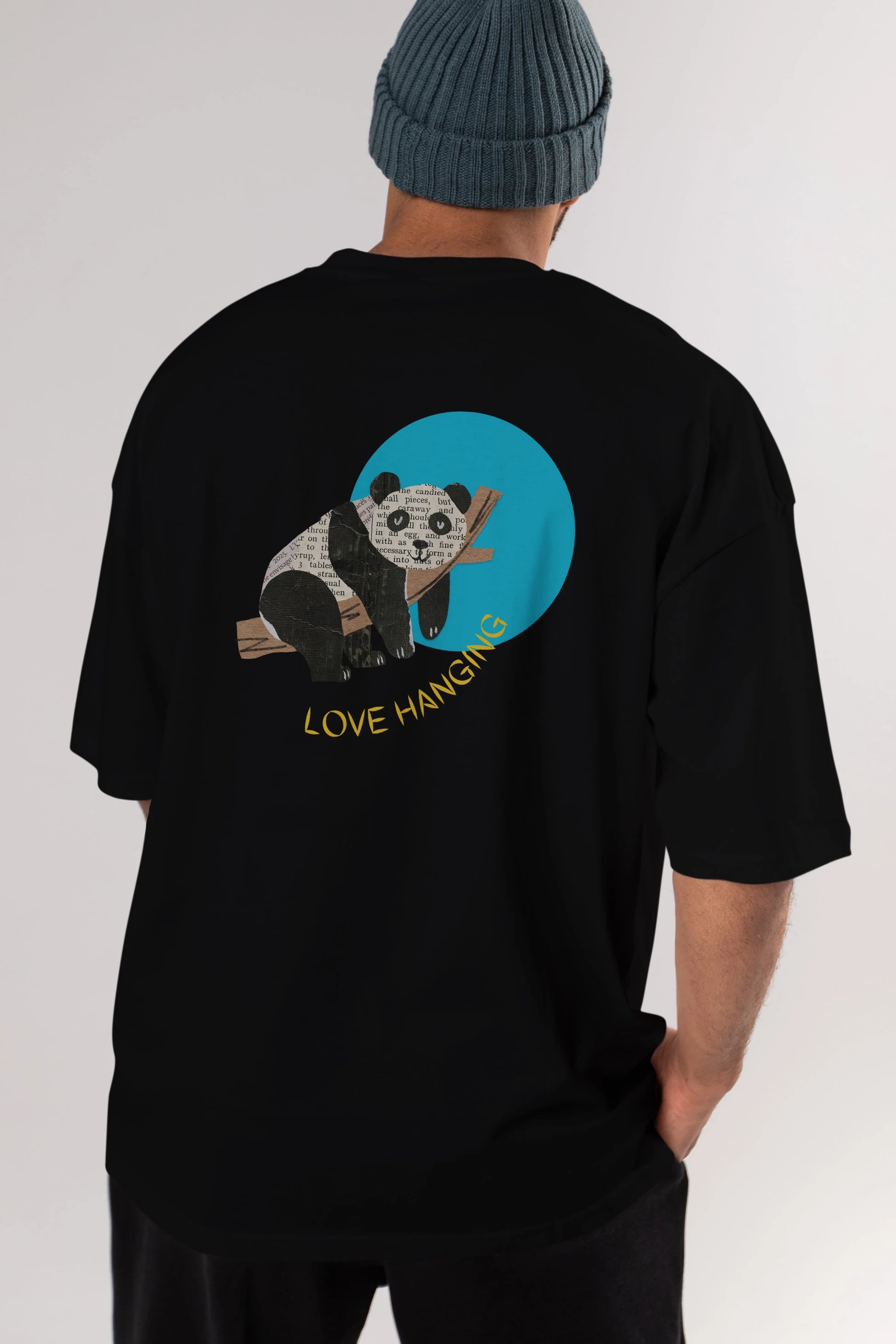 Panda Love Hanging Arka Baskılı Oversize t-shirt Erkek Kadın Unisex