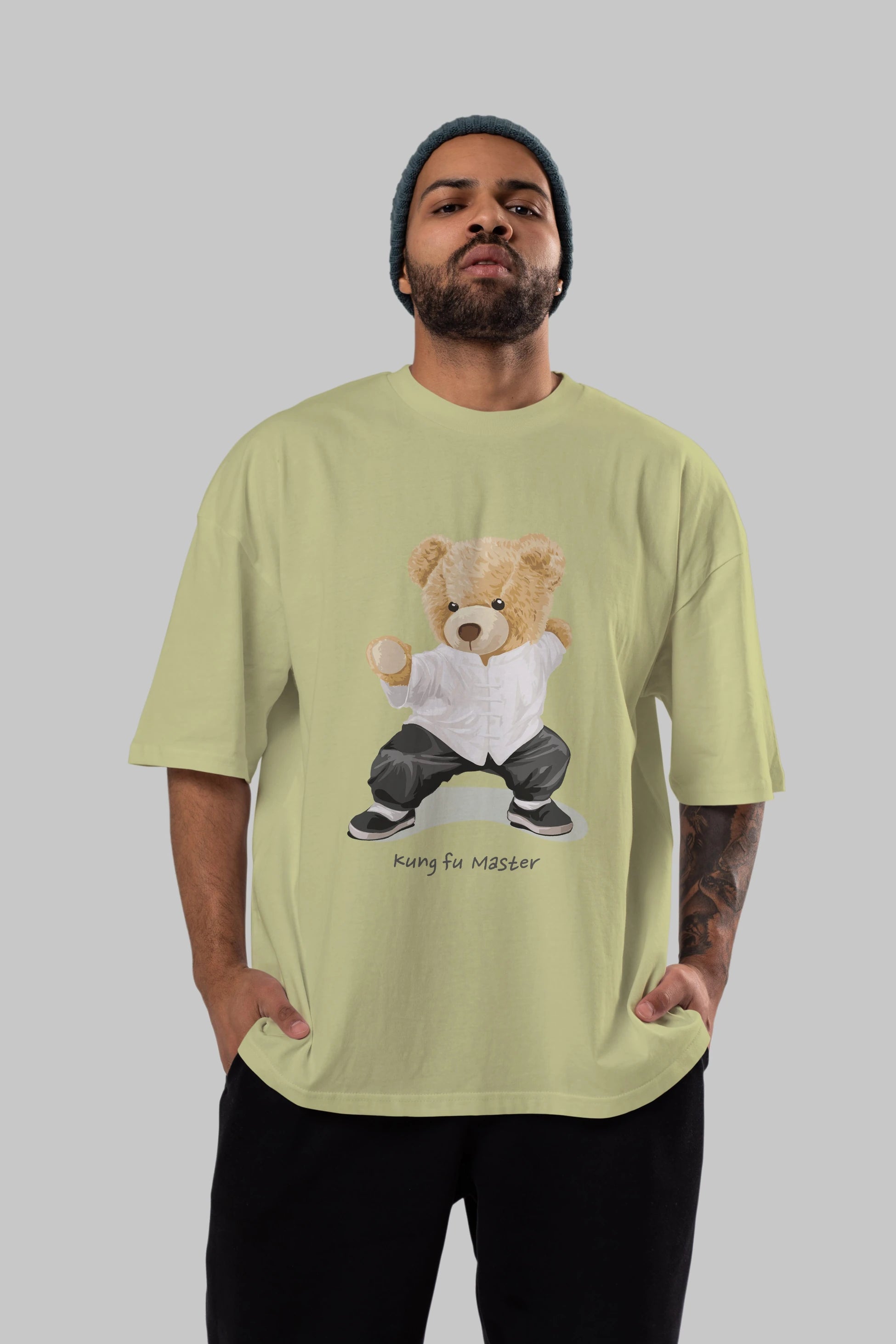 Teddy Bear Kung Fu Master Ön Baskılı Oversize t-shirt Erkek Kadın Unisex %100 Pamuk