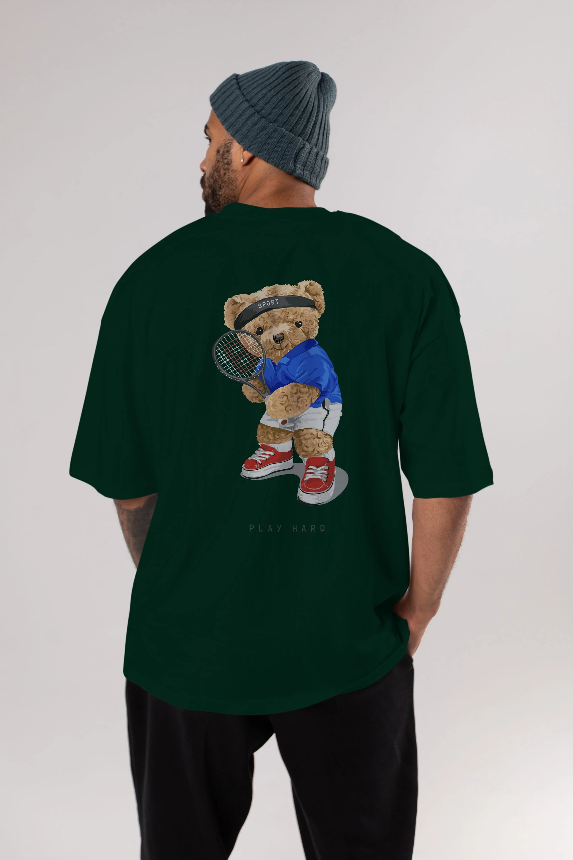 Teddy Bear Play Hard Arka Baskılı Oversize t-shirt Erkek Kadın Unisex %100 Pamuk