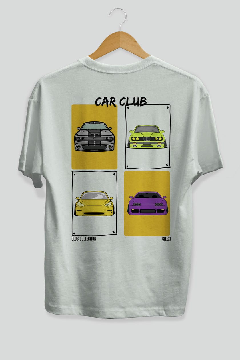 Car Club Arka Baskılı Oversize t-shirt Erkek Kadın %100 Pamuk Bisiklet Yaka tişort