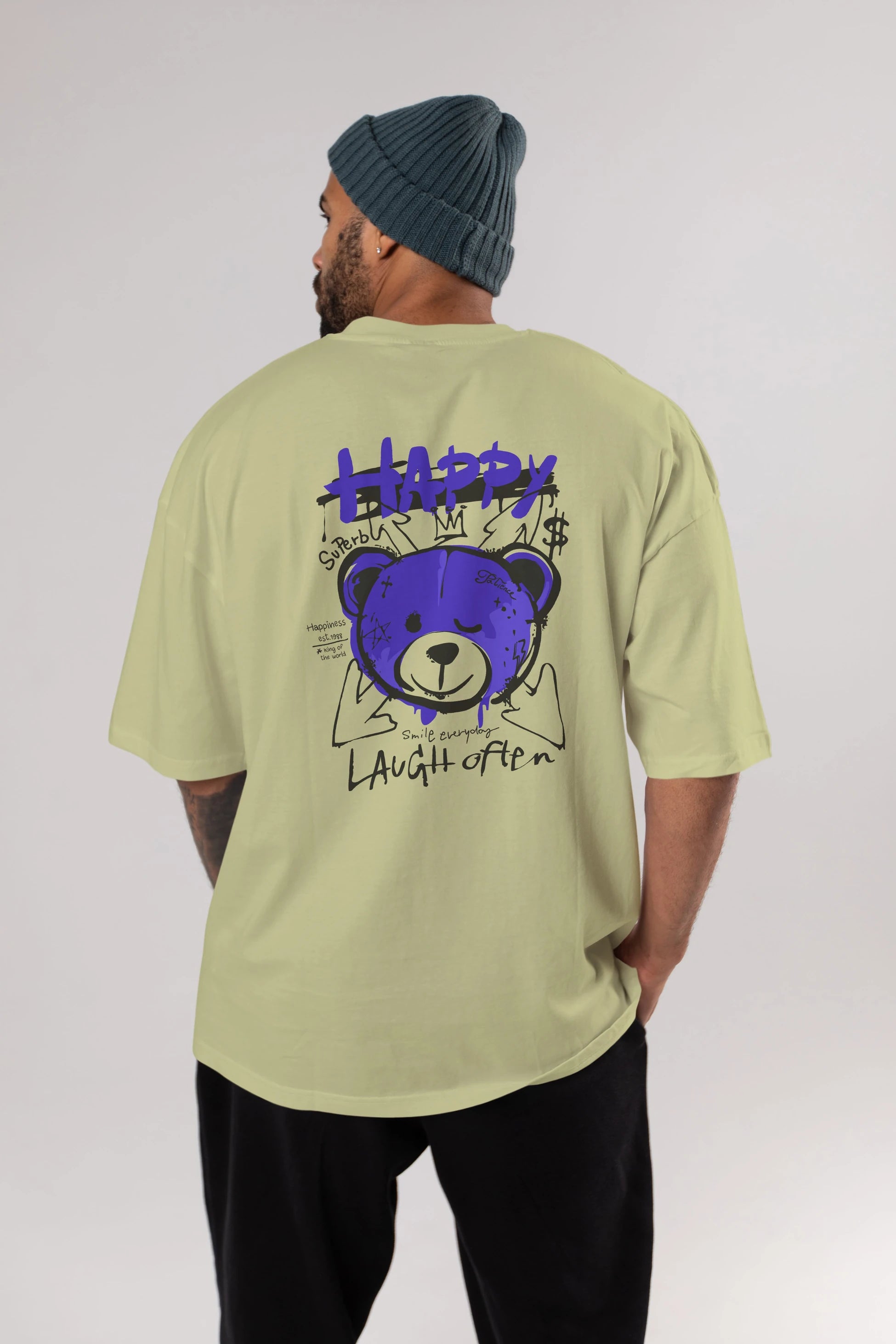 Happy Bear Arka Baskılı Oversize t-shirt Erkek Kadın Unisex