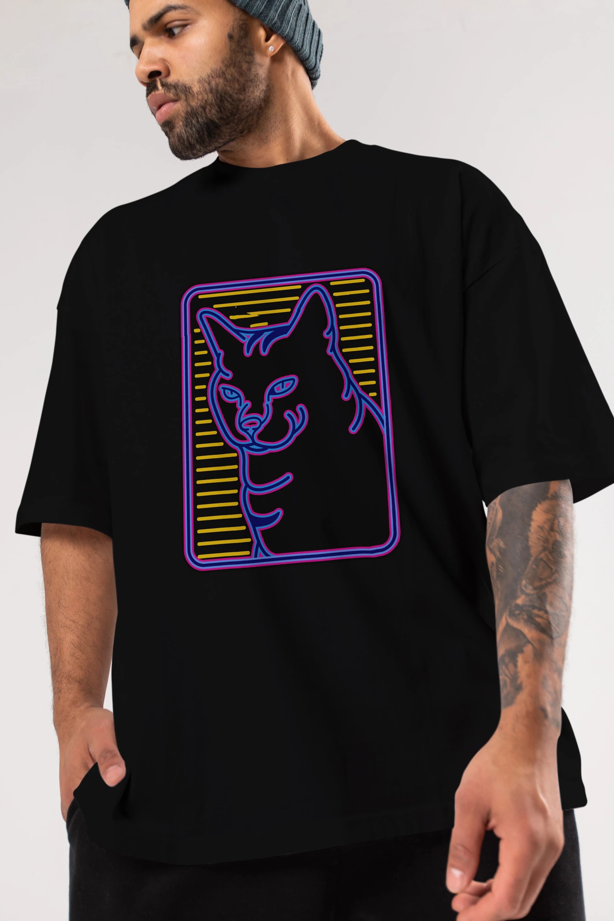 Neon Cat Ön Baskılı Oversize t-shirt Erkek Kadın Unisex
