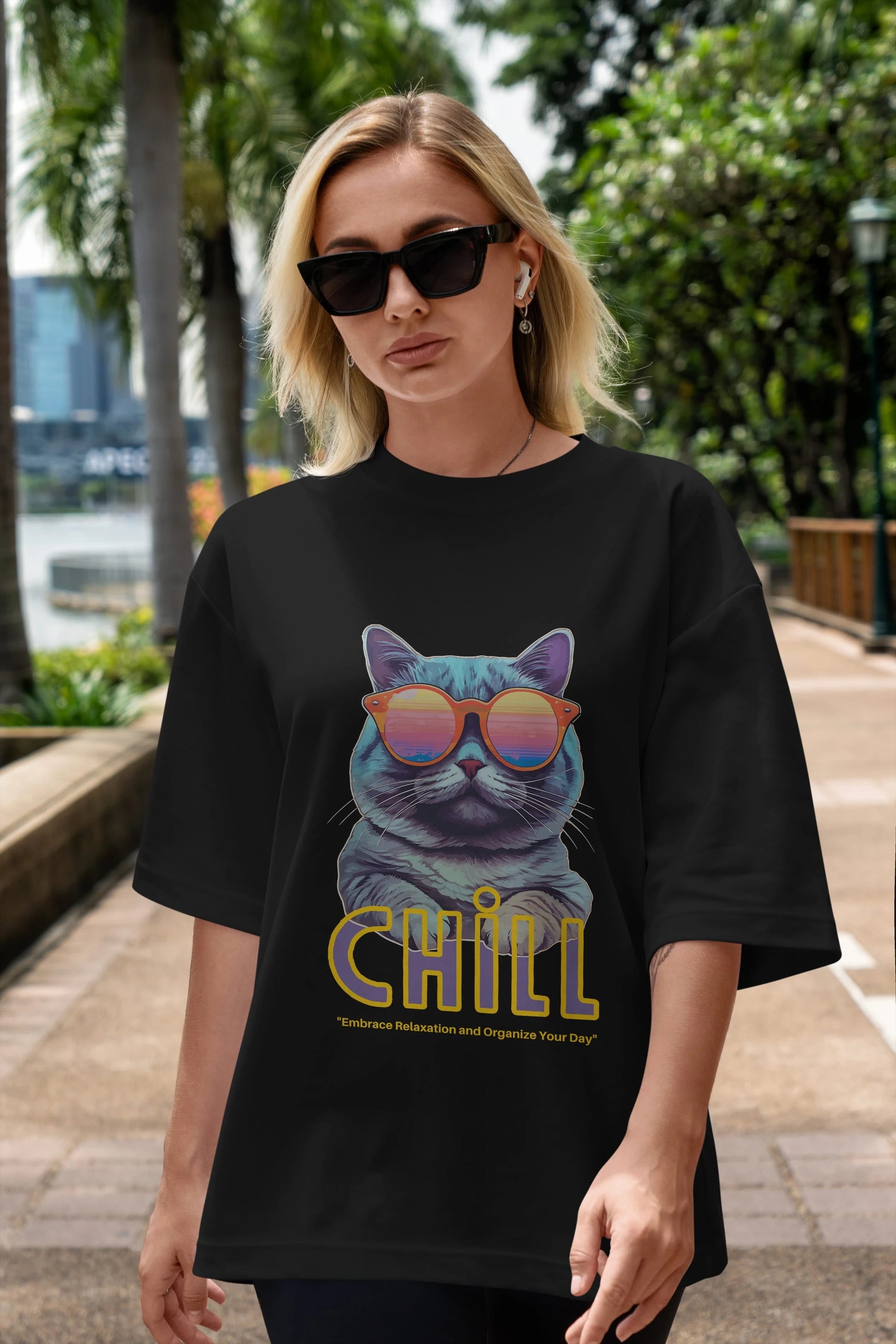 Chill Cat Ön Baskılı Oversize t-shirt Erkek Kadın Unisex