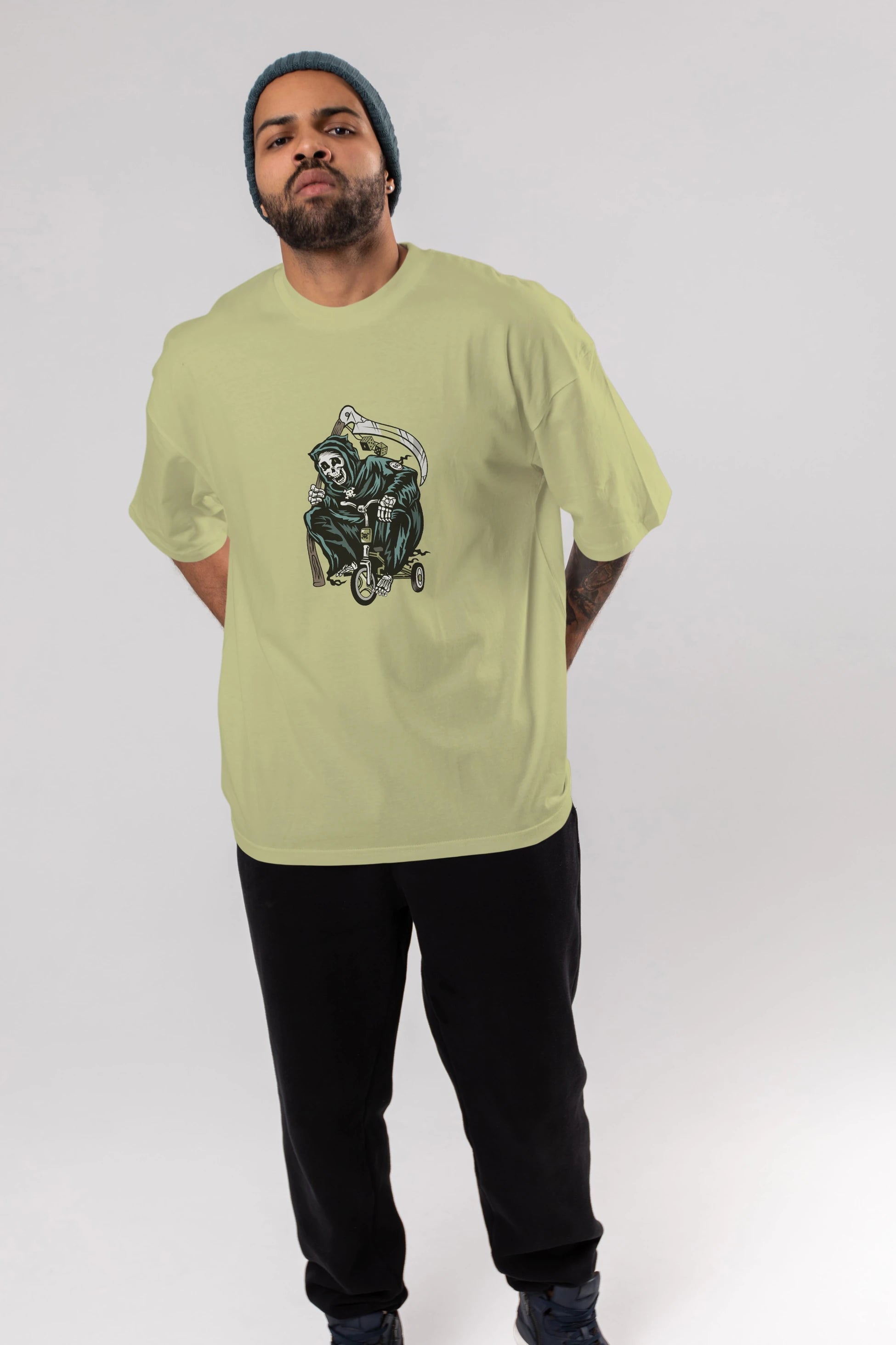 Grim Reaper Bicycle Ön Baskılı Oversize t-shirt Erkek Kadın Unisex %100 Pamuk tişort