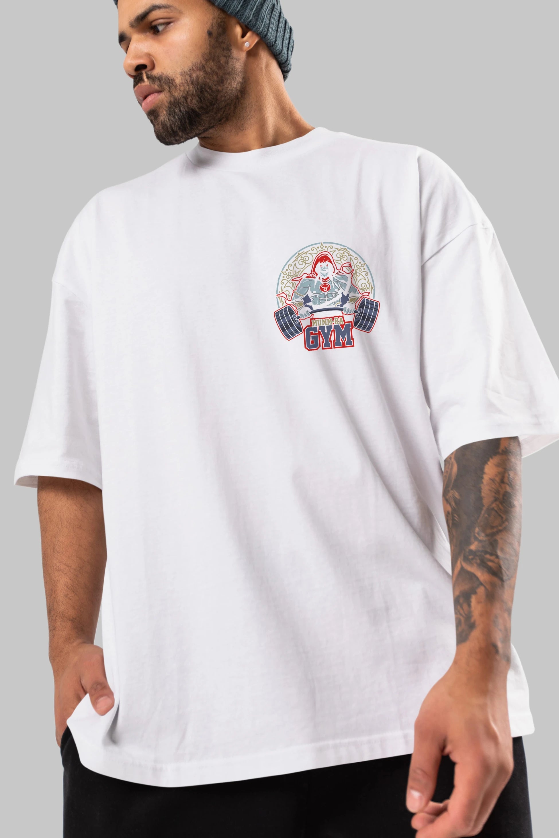 Mumm-ra GYM Ön Sol Baskılı Oversize t-shirt Erkek Kadın Unisex %100 Pamuk Bisiklet Yaka tişort