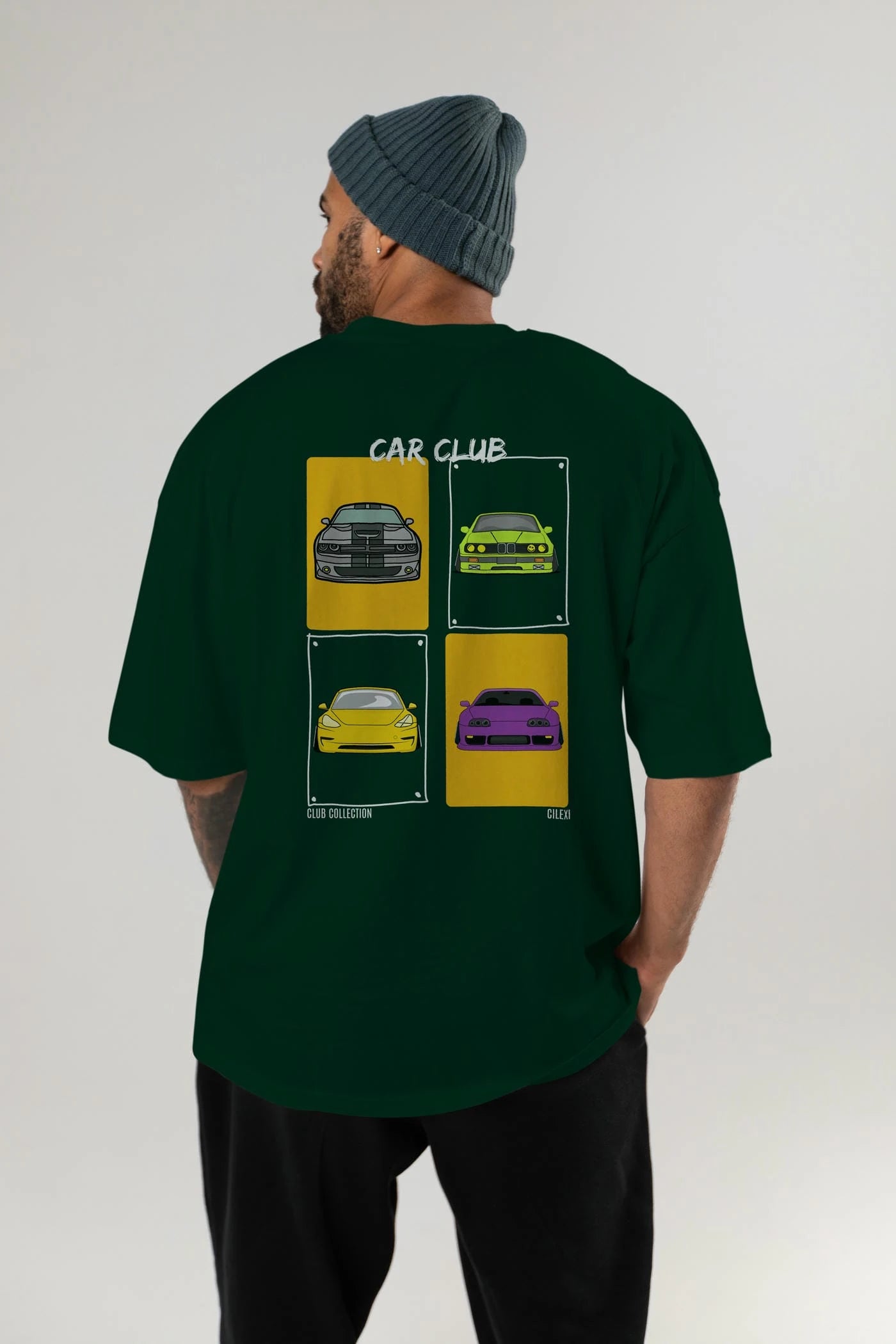 Car Club Arka Baskılı Oversize t-shirt Erkek Kadın %100 Pamuk Bisiklet Yaka tişort
