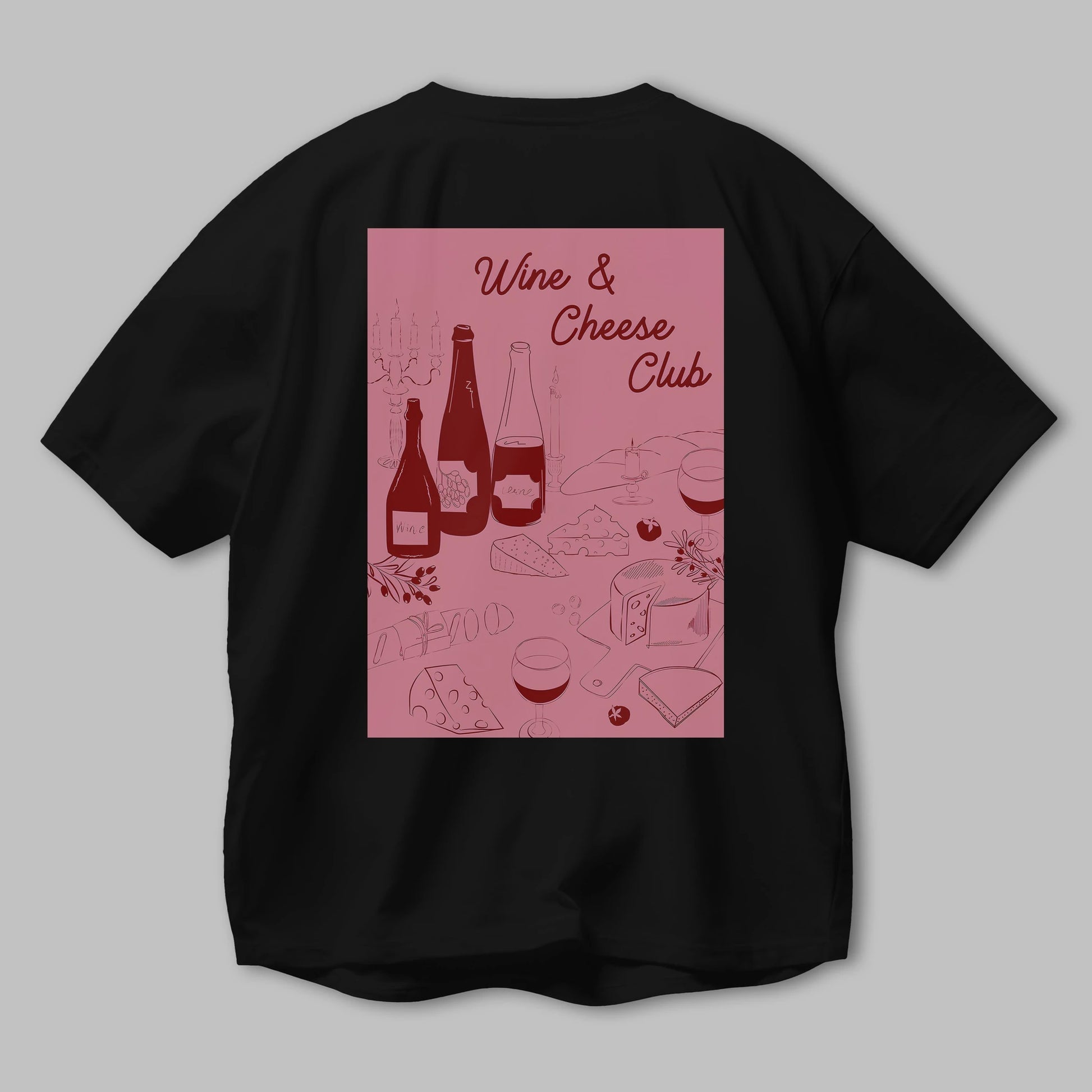 Wine Cheese Club Arka Baskılı Oversize t-shirt Erkek Kadın Unisex %100 Pamuk Bisiklet Yaka tişort
