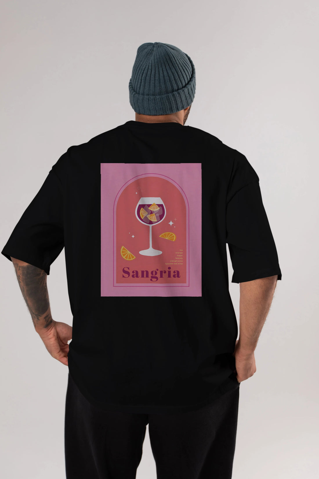 Sangria Arka Baskılı Oversize t-shirt Erkek Kadın Unisex %100 Pamuk Bisiklet Yaka tişort