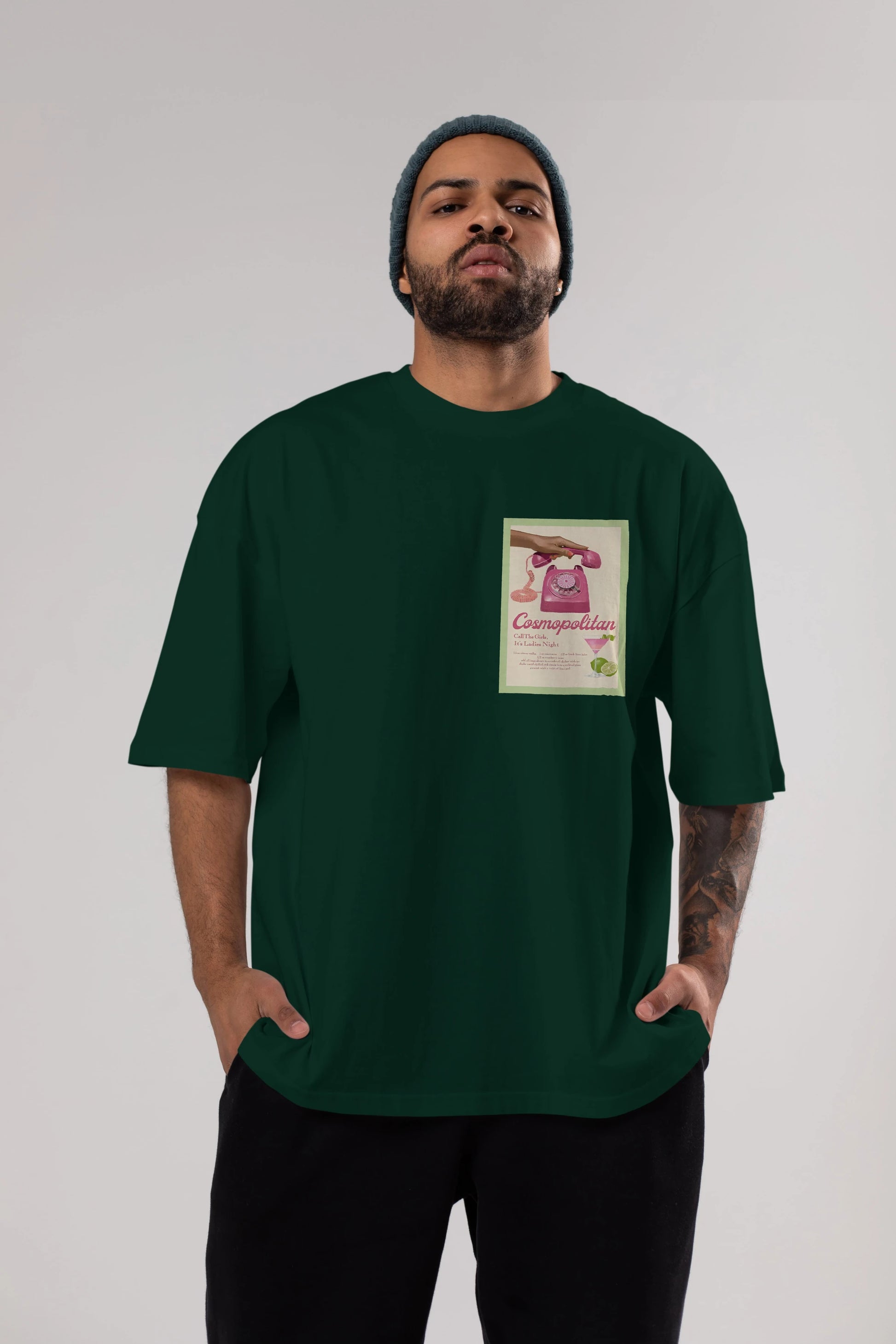 Cosmopolitan 5 Ön Sol Baskılı Oversize t-shirt Erkek Kadın Unisex %100 Pamuk Bisiklet Yaka tişort