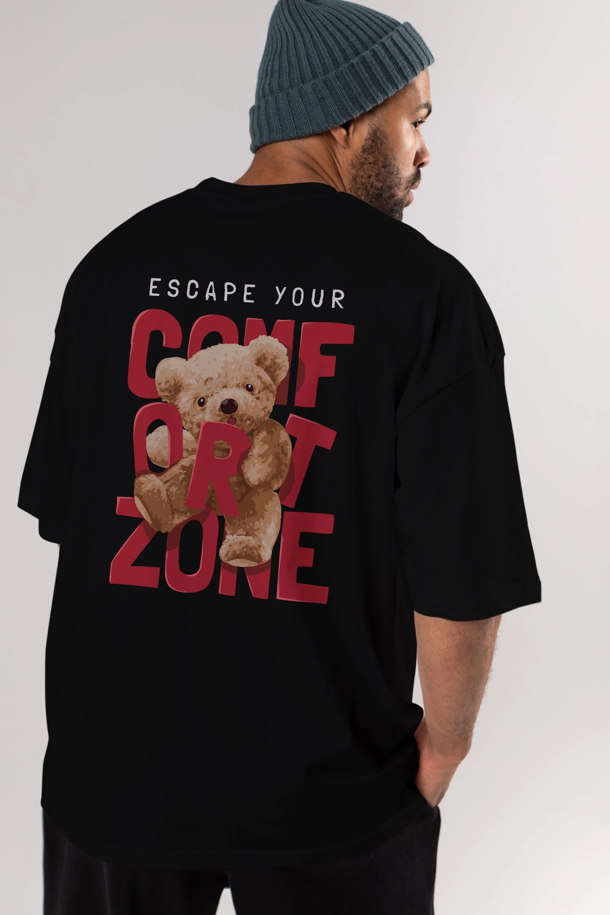 Teddy Bear Escape Comfort Zone Arka Baskılı Oversize t-shirt Erkek Kadın Unisex %100 Pamuk