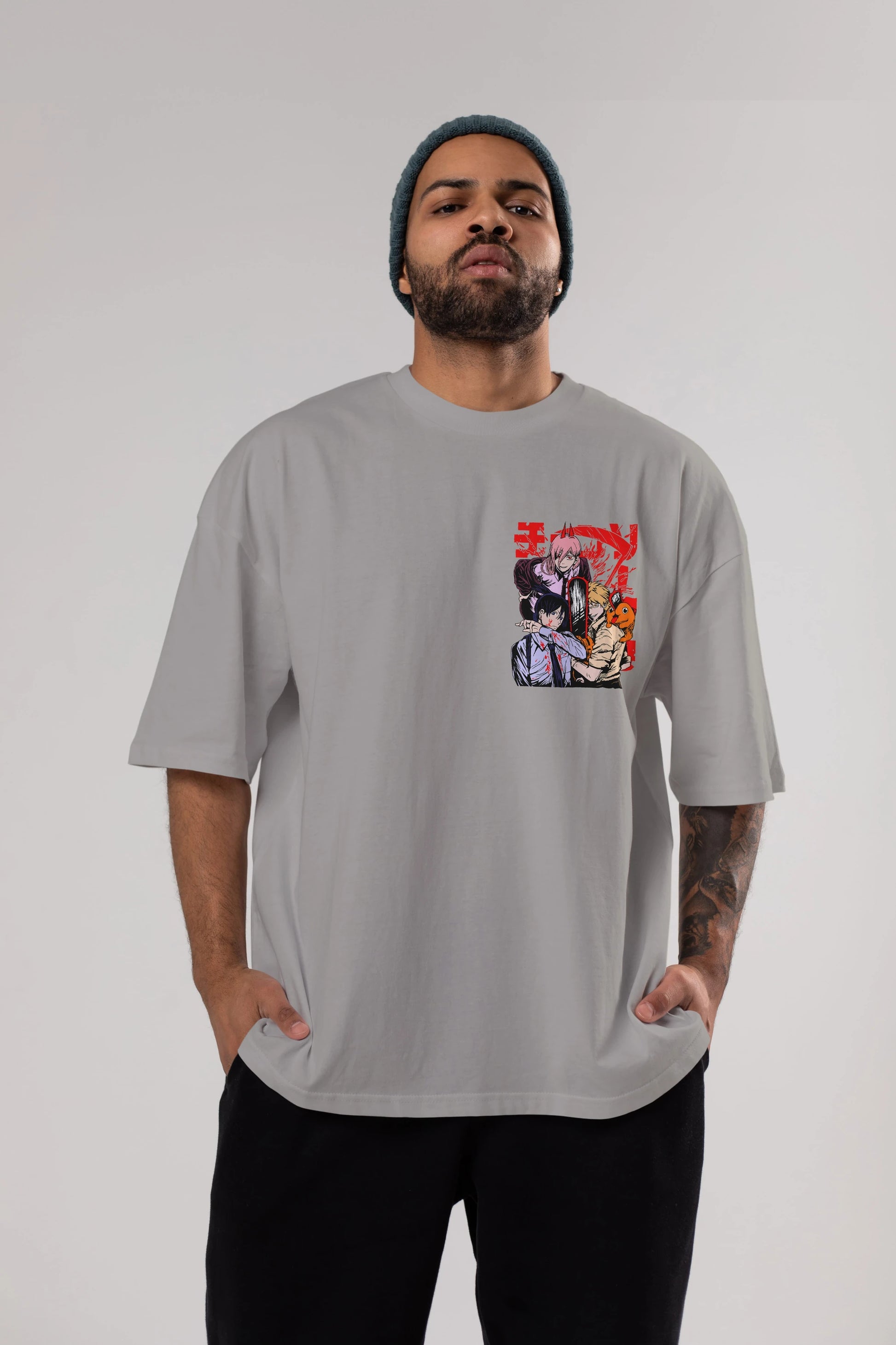 CHAINSAWMAN CREW Ön Sol Baskılı Oversize t-shirt Erkek Kadın Unisex %100 Pamuk Bisiklet Yaka tişort