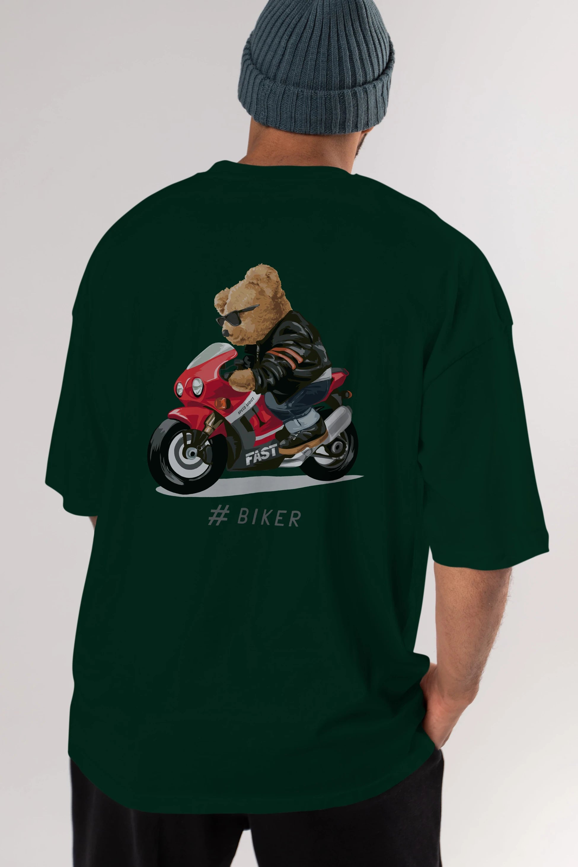 Teddy Bear Biker Arka Baskılı Oversize t-shirt Erkek Kadın Unisex %100 Pamuk