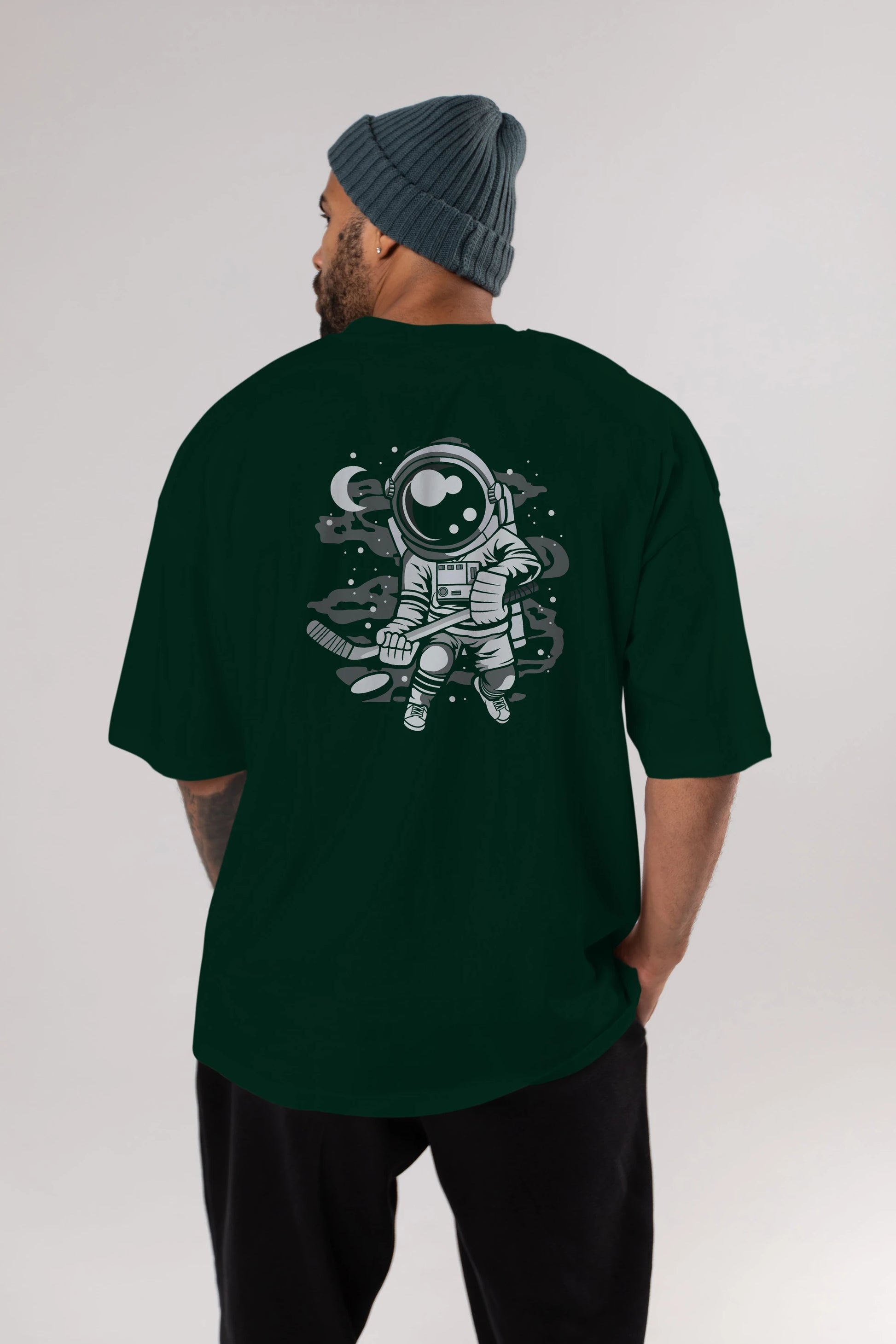 Hockey Player Astronaut Arka Baskılı Oversize t-shirt Erkek Kadın Unisex