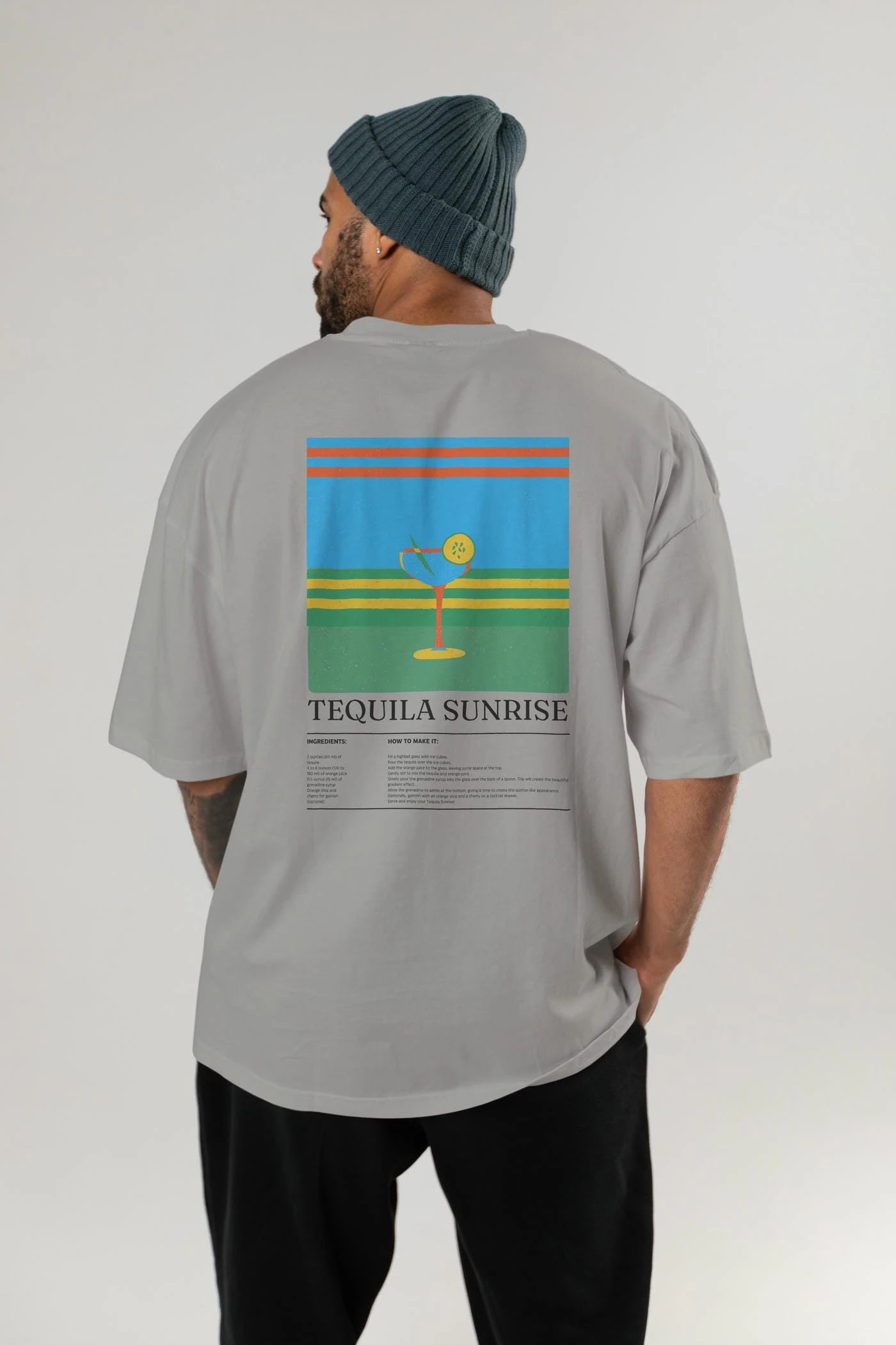 Tequila Sunrise Kokteyl Serisi Arka Baskılı Oversize t-shirt Erkek Kadın %100 Pamuk Bisiklet Yaka tişort