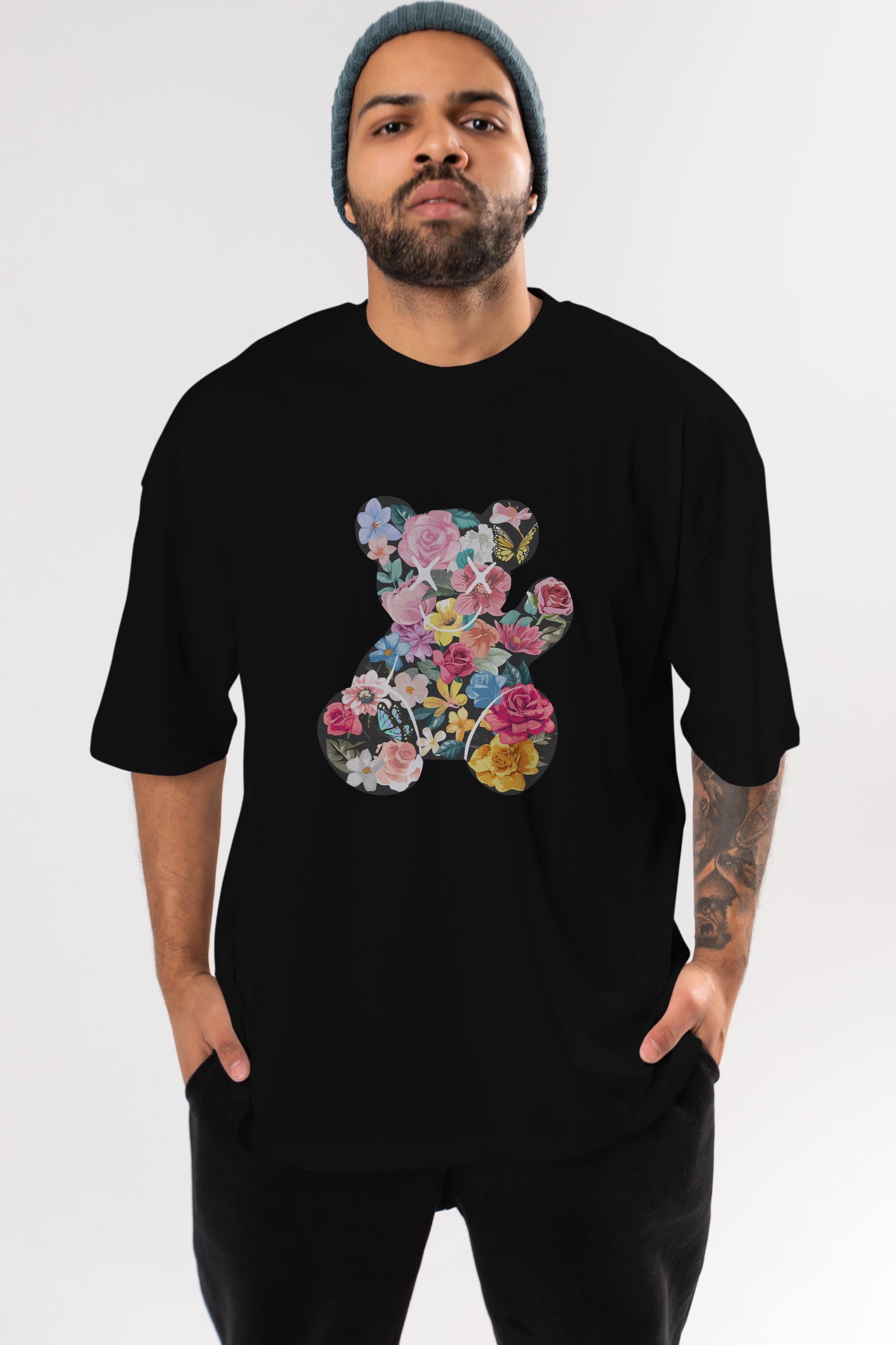 Flowers Bear Ön Baskılı Oversize t-shirt Erkek Kadın Unisex