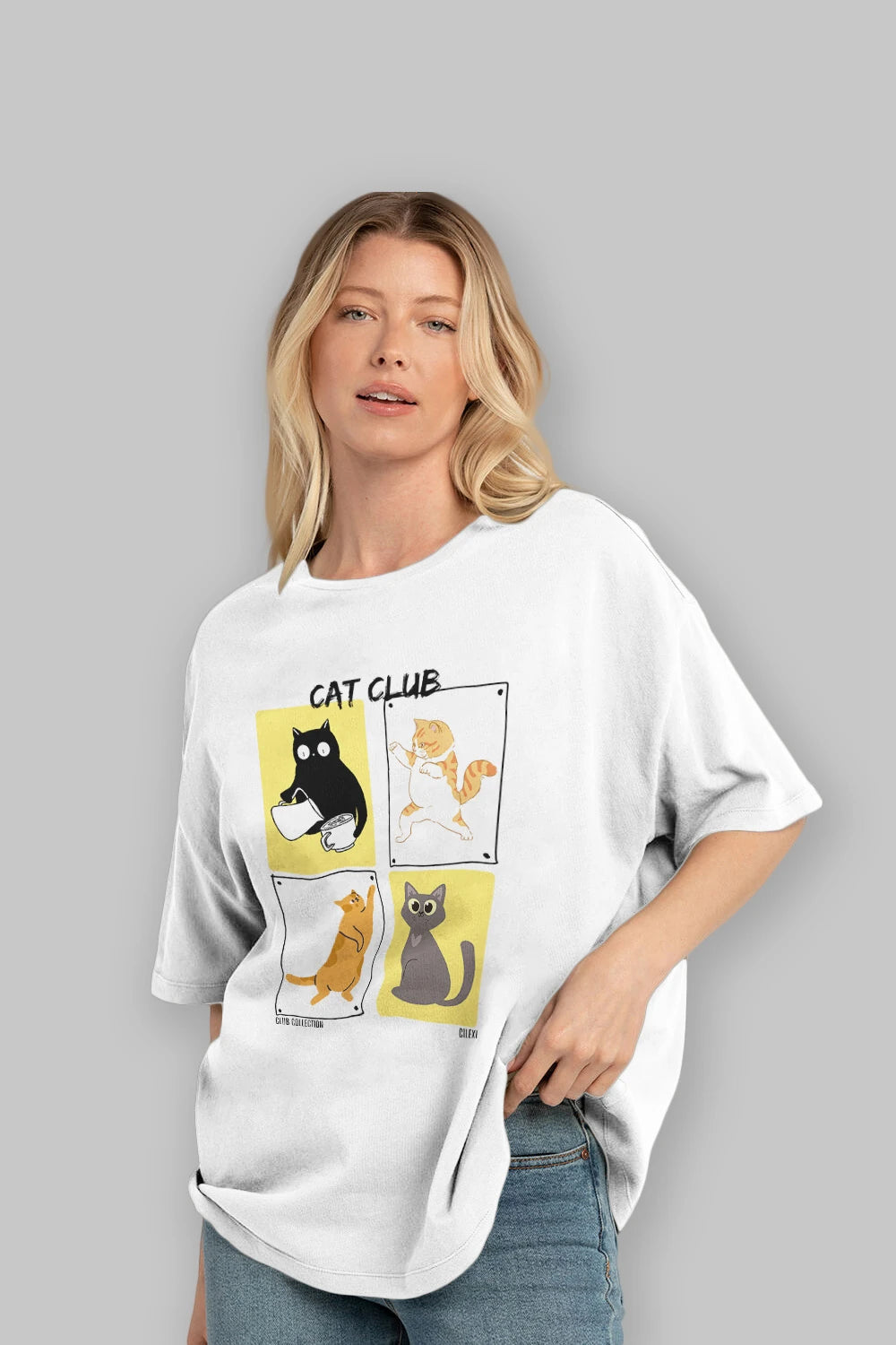 Cat Club ön Baskılı Oversize t-shirt Erkek Kadın %100 Pamuk Bisiklet Yaka tişort