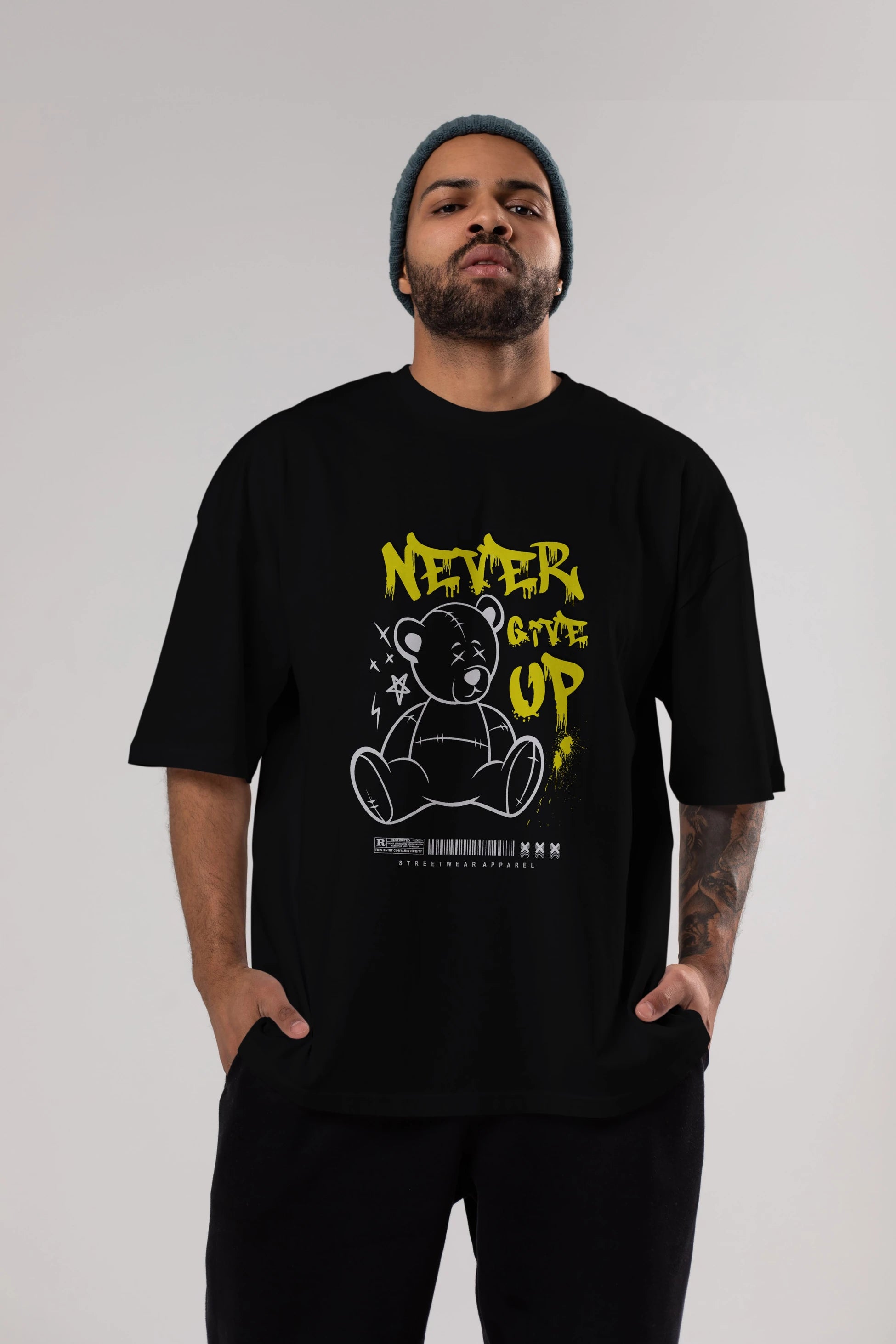 Teddy Bear Never Give Up Ön Baskılı Oversize t-shirt Erkek Kadın Unisex