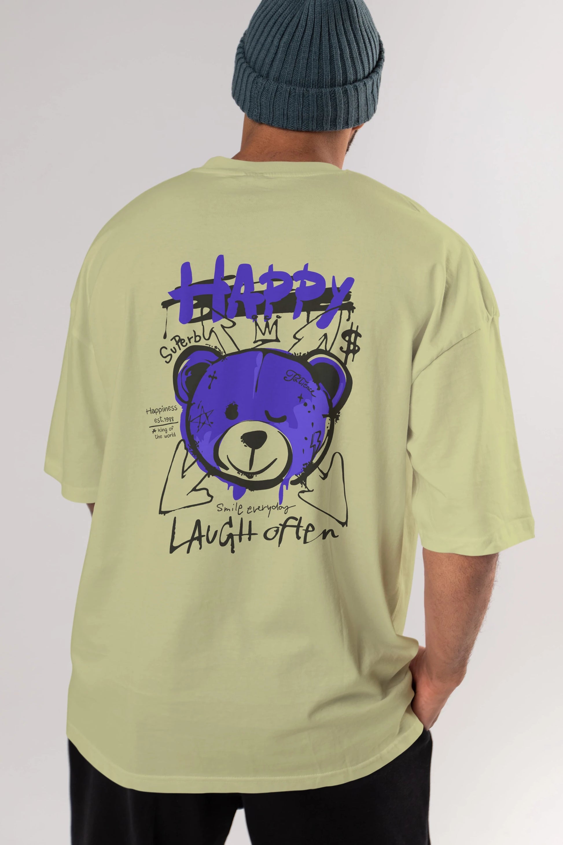 Happy Bear Arka Baskılı Oversize t-shirt Erkek Kadın Unisex
