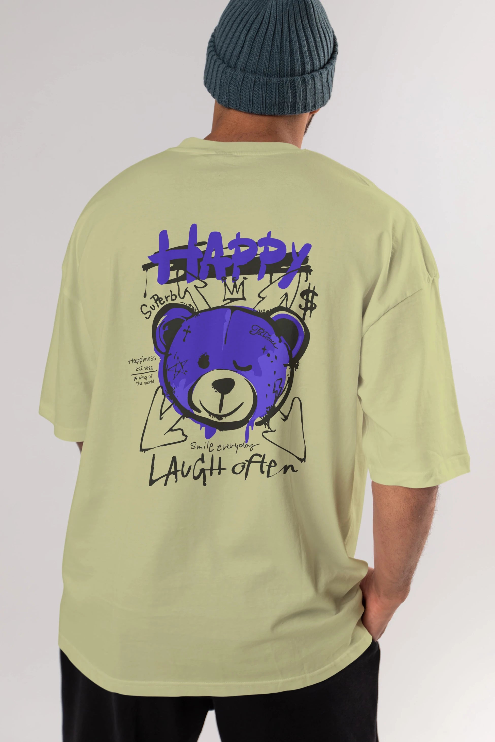 Happy Bear Arka Baskılı Oversize t-shirt Erkek Kadın Unisex