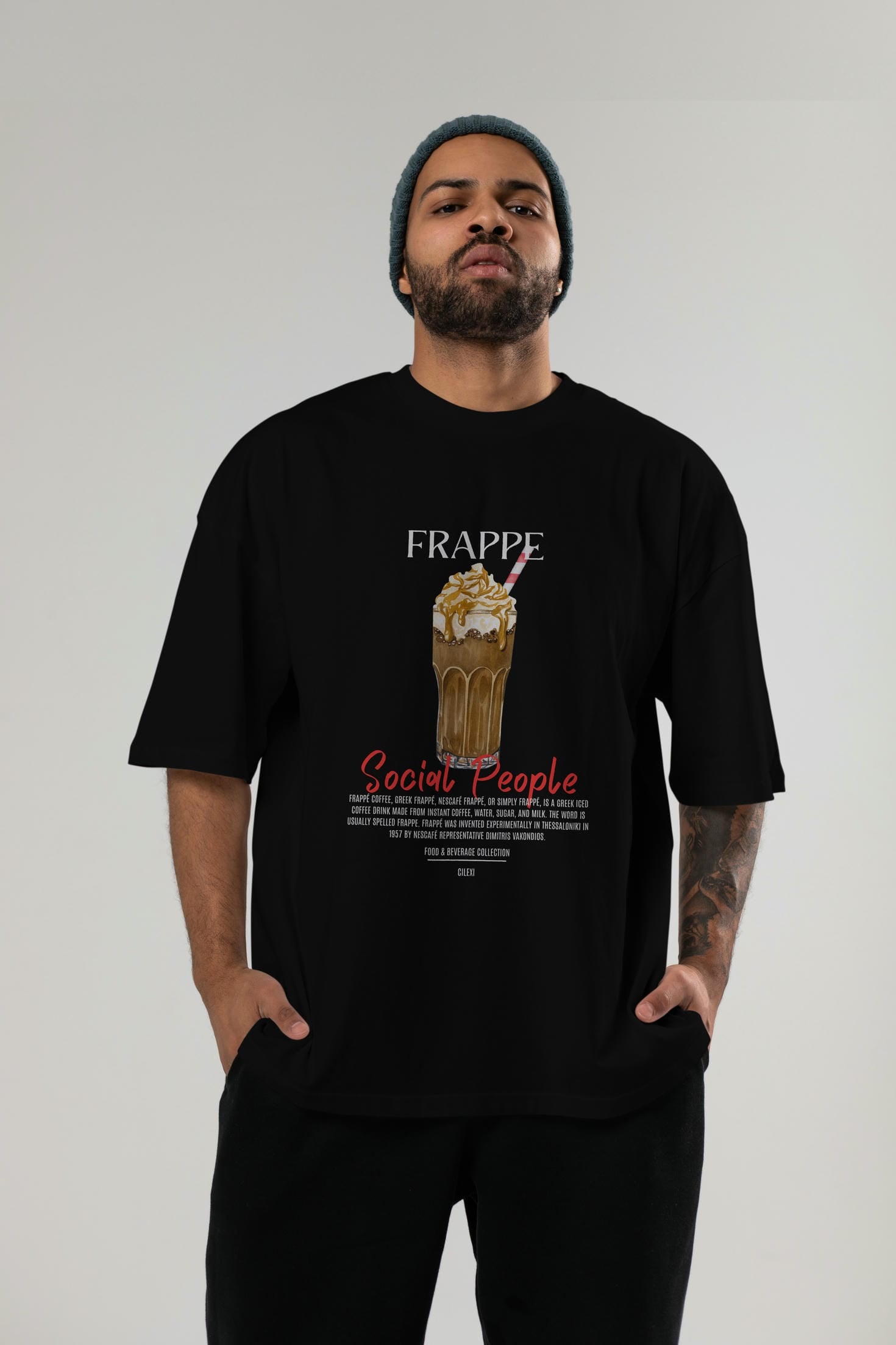 Frappe Kokteyl Serisi ön Baskılı Oversize t-shirt Erkek Kadın %100 Pamuk Bisiklet Yaka tişort