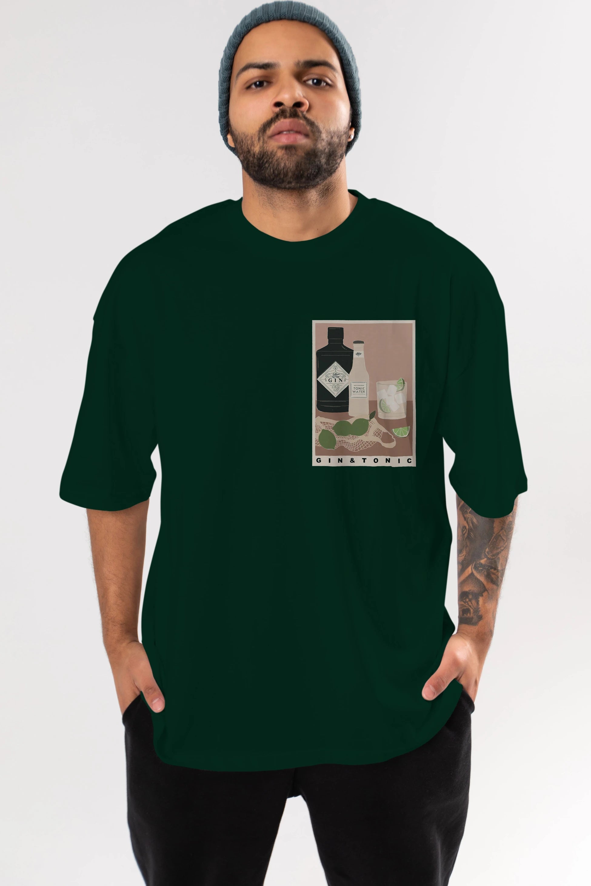 Gin Tonic Ön Sol Baskılı Oversize t-shirt Erkek Kadın Unisex %100 Pamuk Bisiklet Yaka tişort