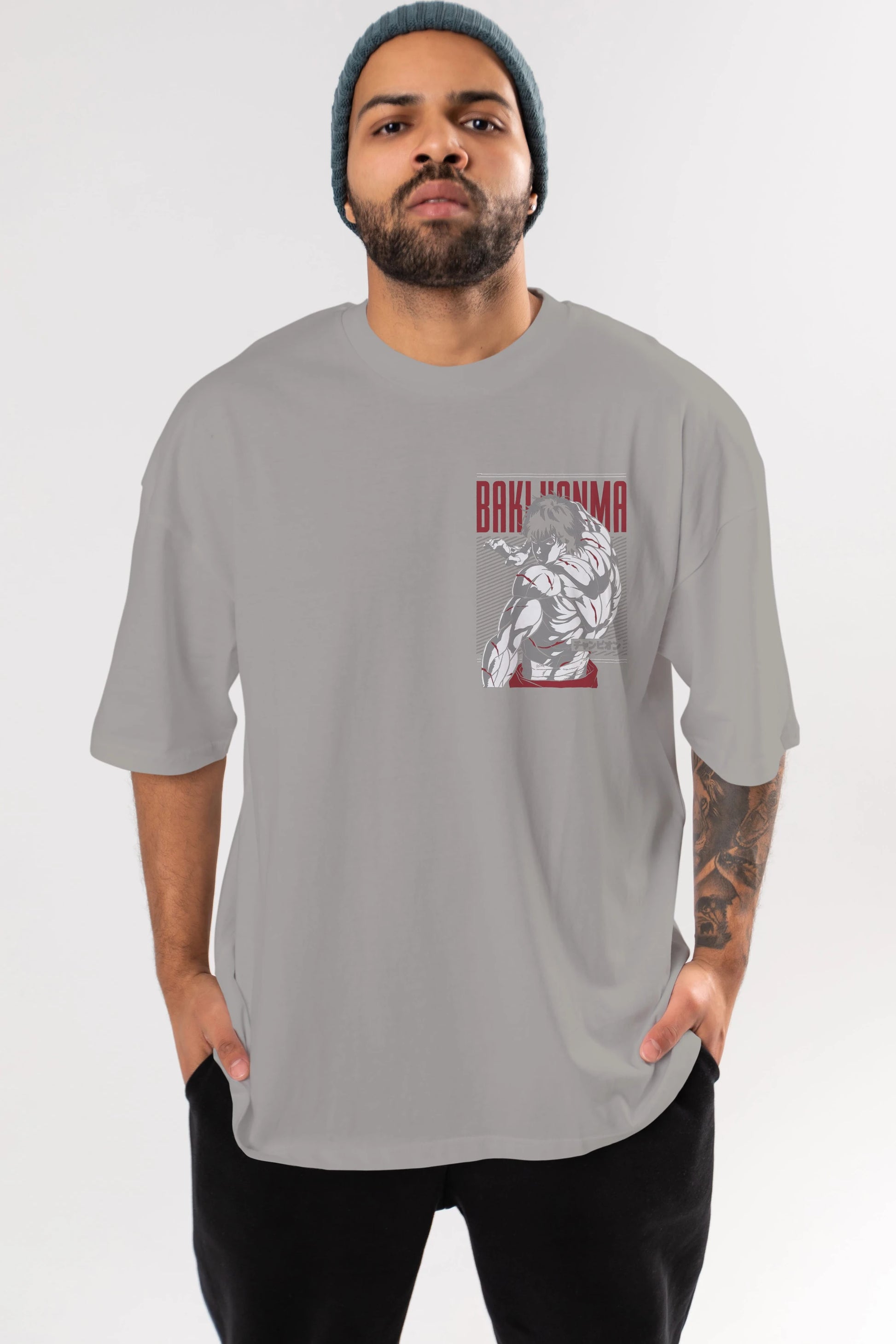 BAKI HANMA Ön Sol Baskılı Oversize t-shirt Erkek Kadın Unisex %100 Pamuk Bisiklet Yaka tişort