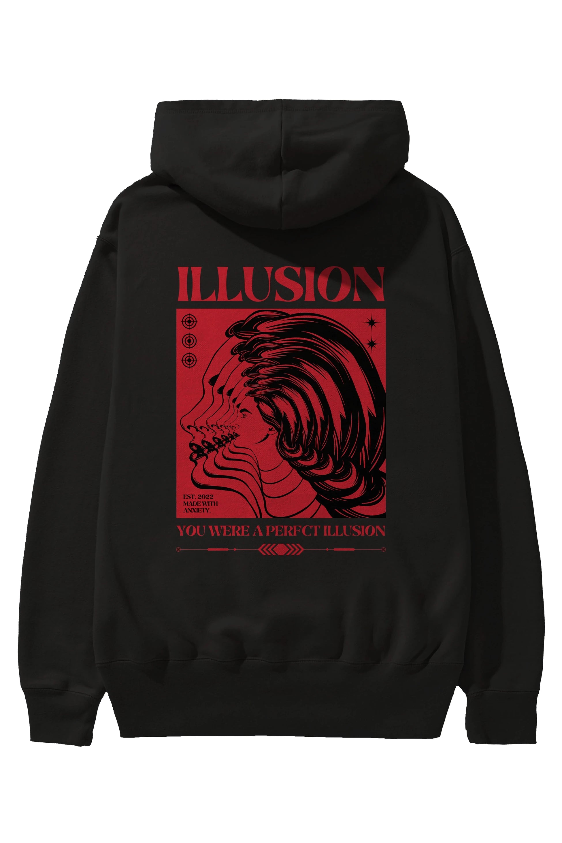 Illusion Streetwear Arka Baskılı Oversize Hoodie Kapüşonlu Sweatshirt Erkek Kadın Unisex
