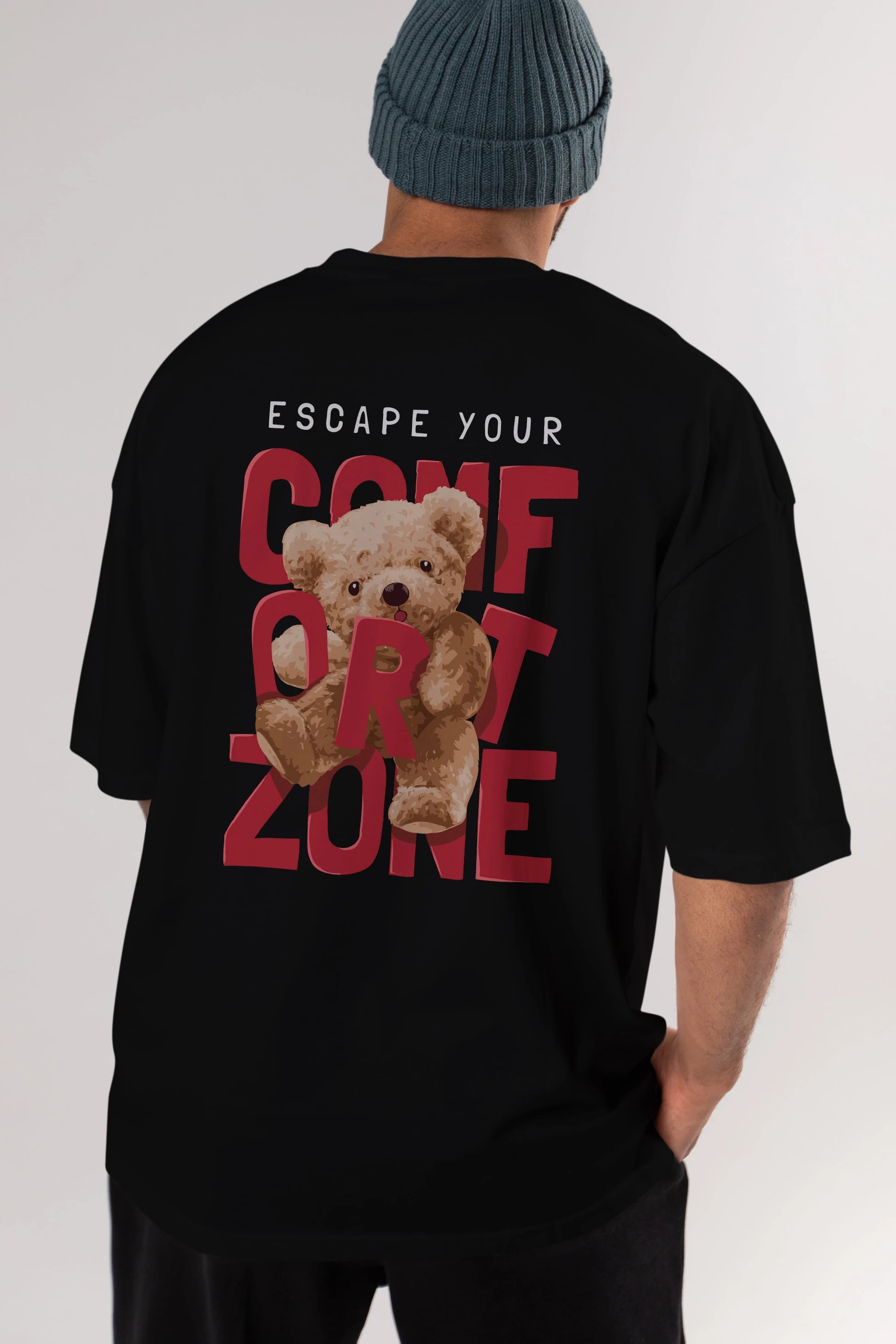 Teddy Bear Escape Comfort Zone Arka Baskılı Oversize t-shirt Erkek Kadın Unisex %100 Pamuk