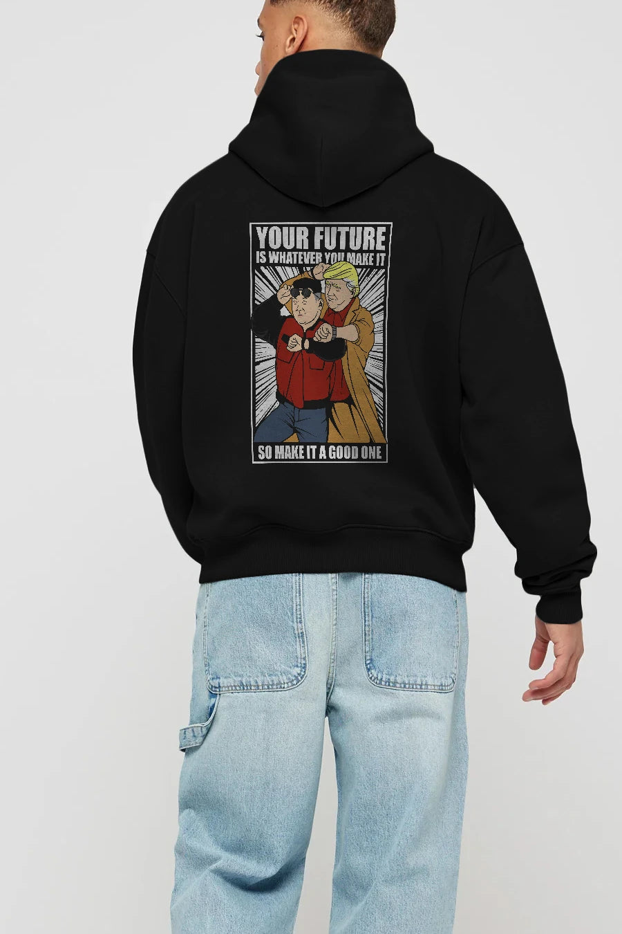 Back To The Future Jong Un Trump Arka Baskılı Hoodie Oversize Kapüşonlu Sweatshirt Erkek Kadın Unisex