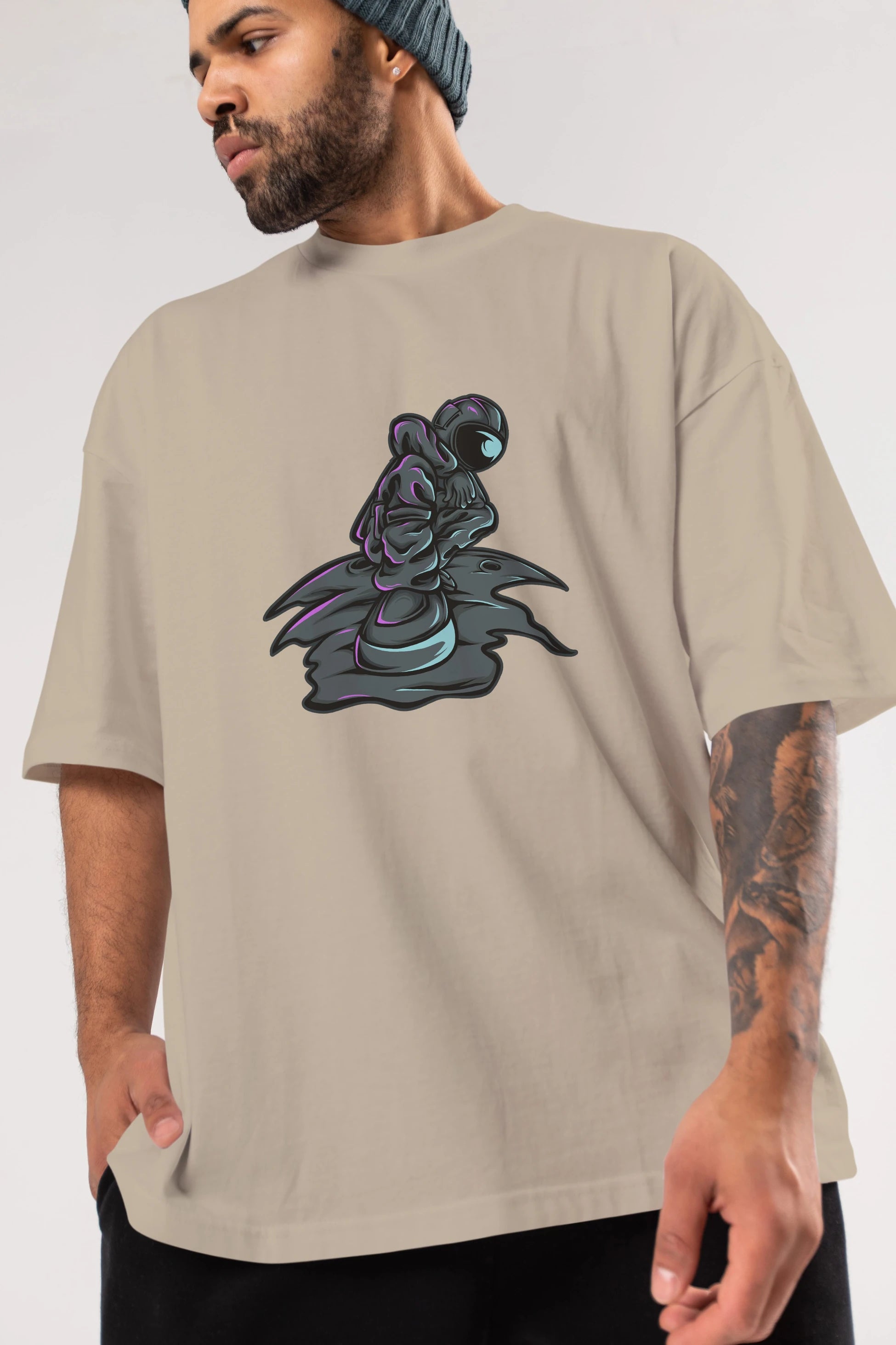 Stylish Astronaut Ön Baskılı Oversize t-shirt Erkek Kadın Unisex