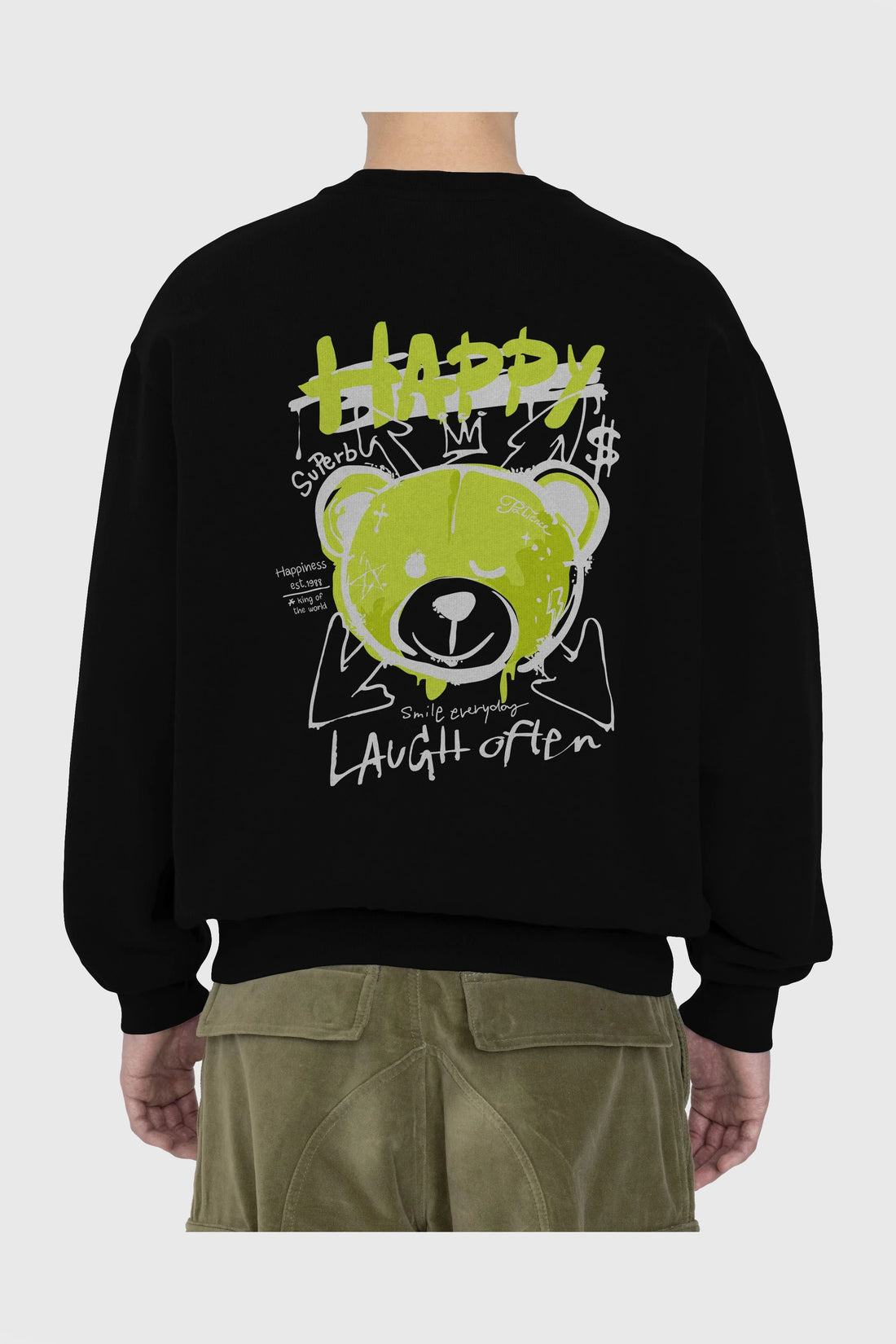 Happy Bear Arka Baskılı Oversize Sweatshirt Erkek Kadın Unisex