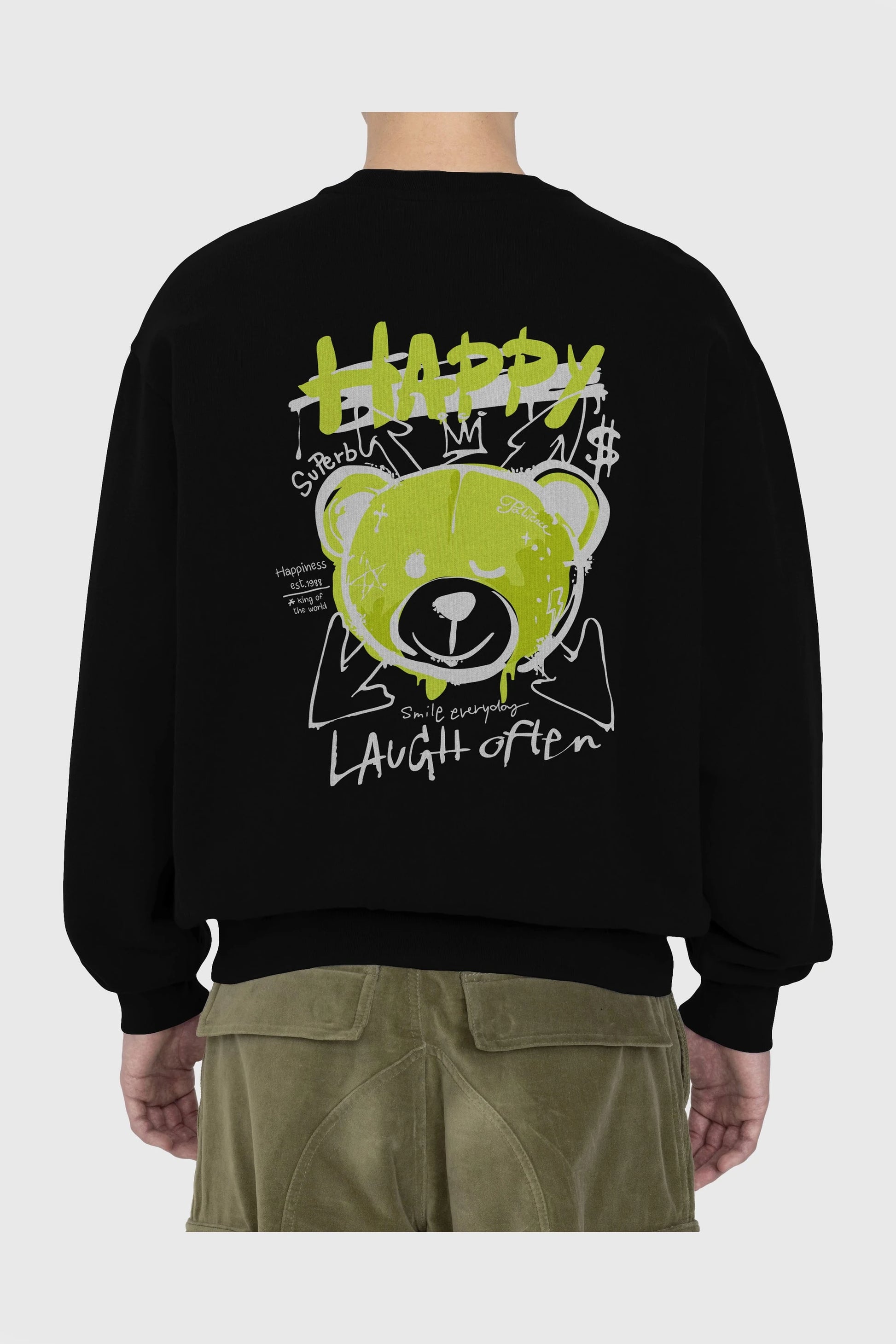 Happy Bear Arka Baskılı Oversize Sweatshirt Erkek Kadın Unisex