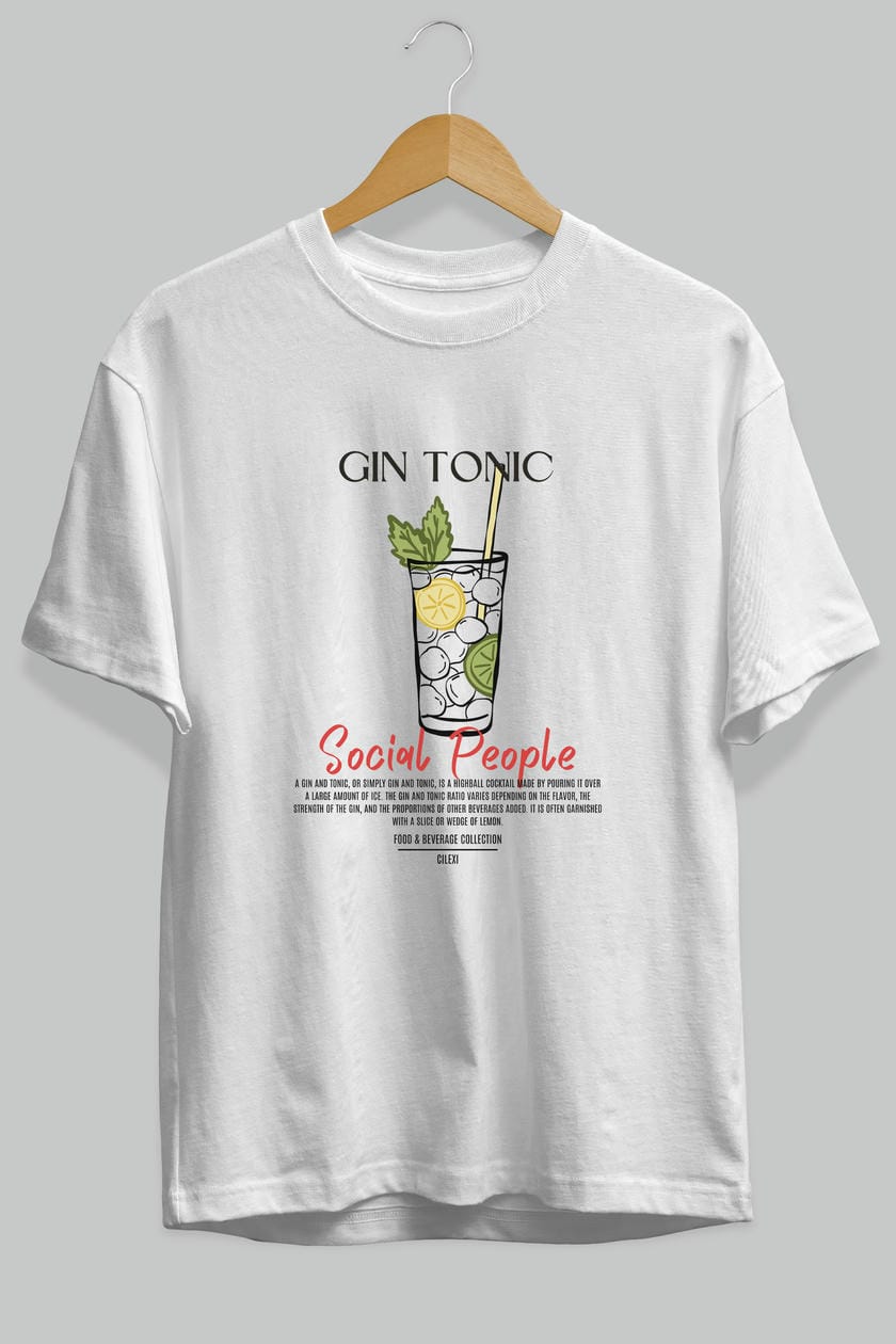 Gın Tonıc Kokteyl Serisi ön Baskılı Oversize t-shirt Erkek Kadın %100 Pamuk Bisiklet Yaka tişort