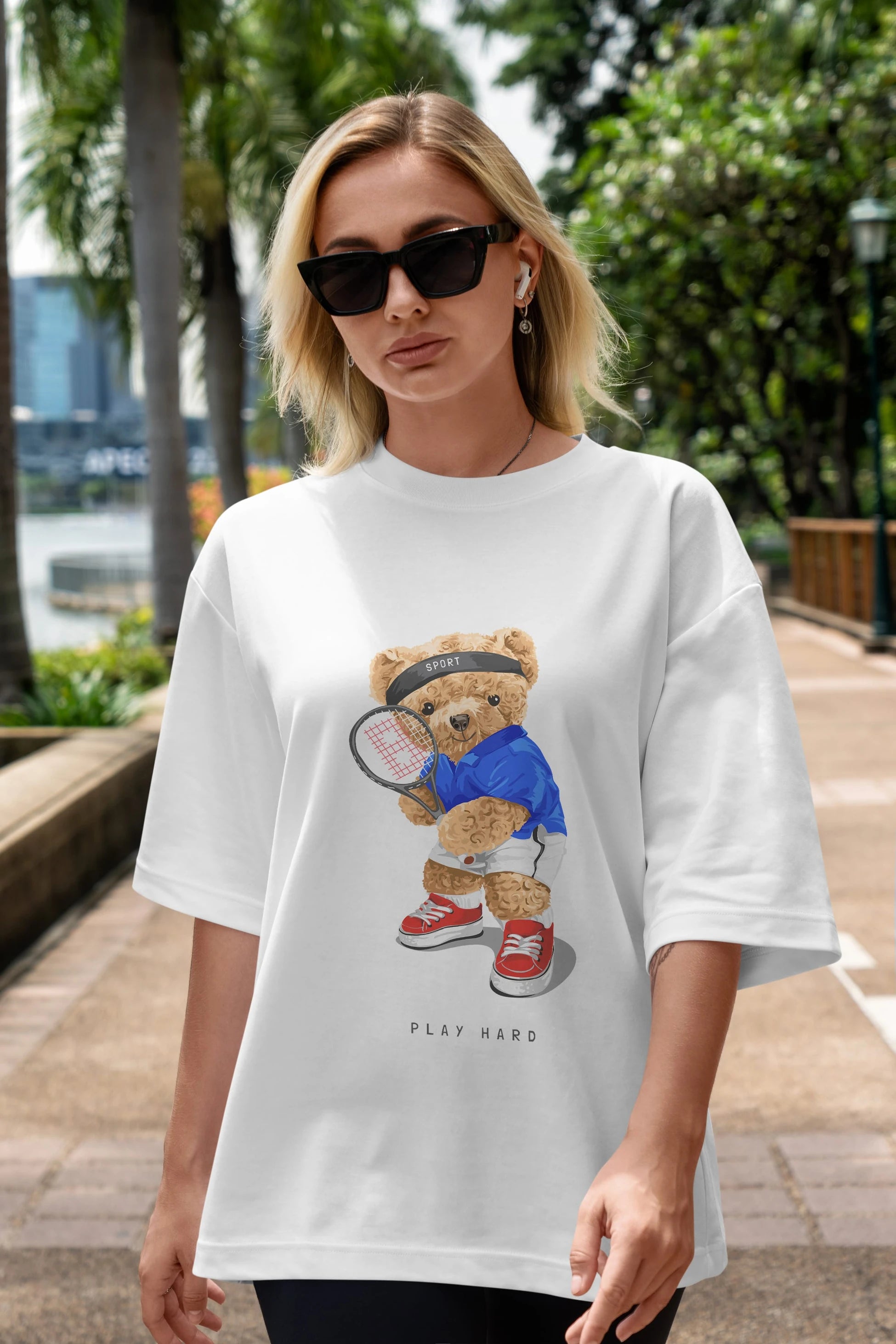 Teddy Bear Play Hard Ön Baskılı Oversize t-shirt Erkek Kadın Unisex %100 Pamuk