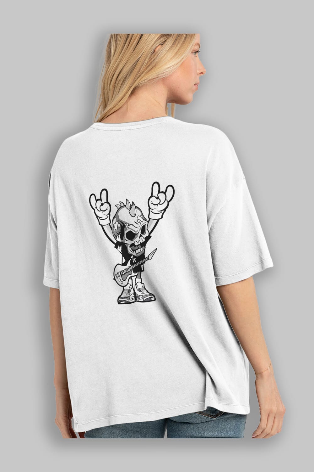 Punk Rock Skull Arka Baskılı Oversize t-shirt Erkek Kadın Unisex %100 Pamuk tişort
